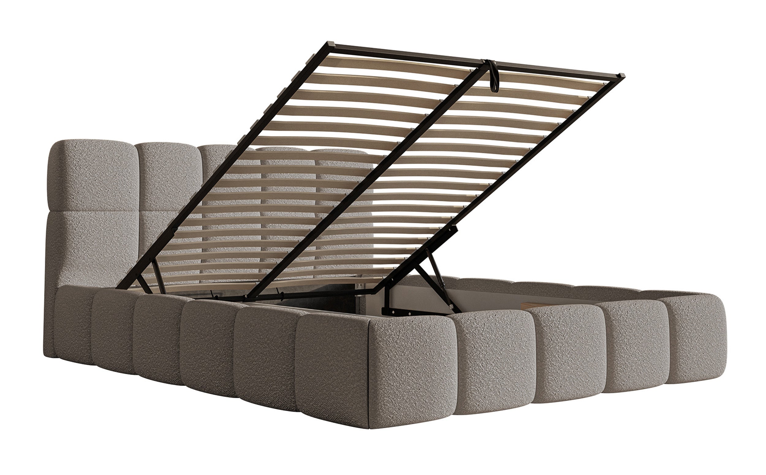 Gepolstertes Bett 140x200 cm Cloudy mit Stauraum, grauer Bouclé-Stoff