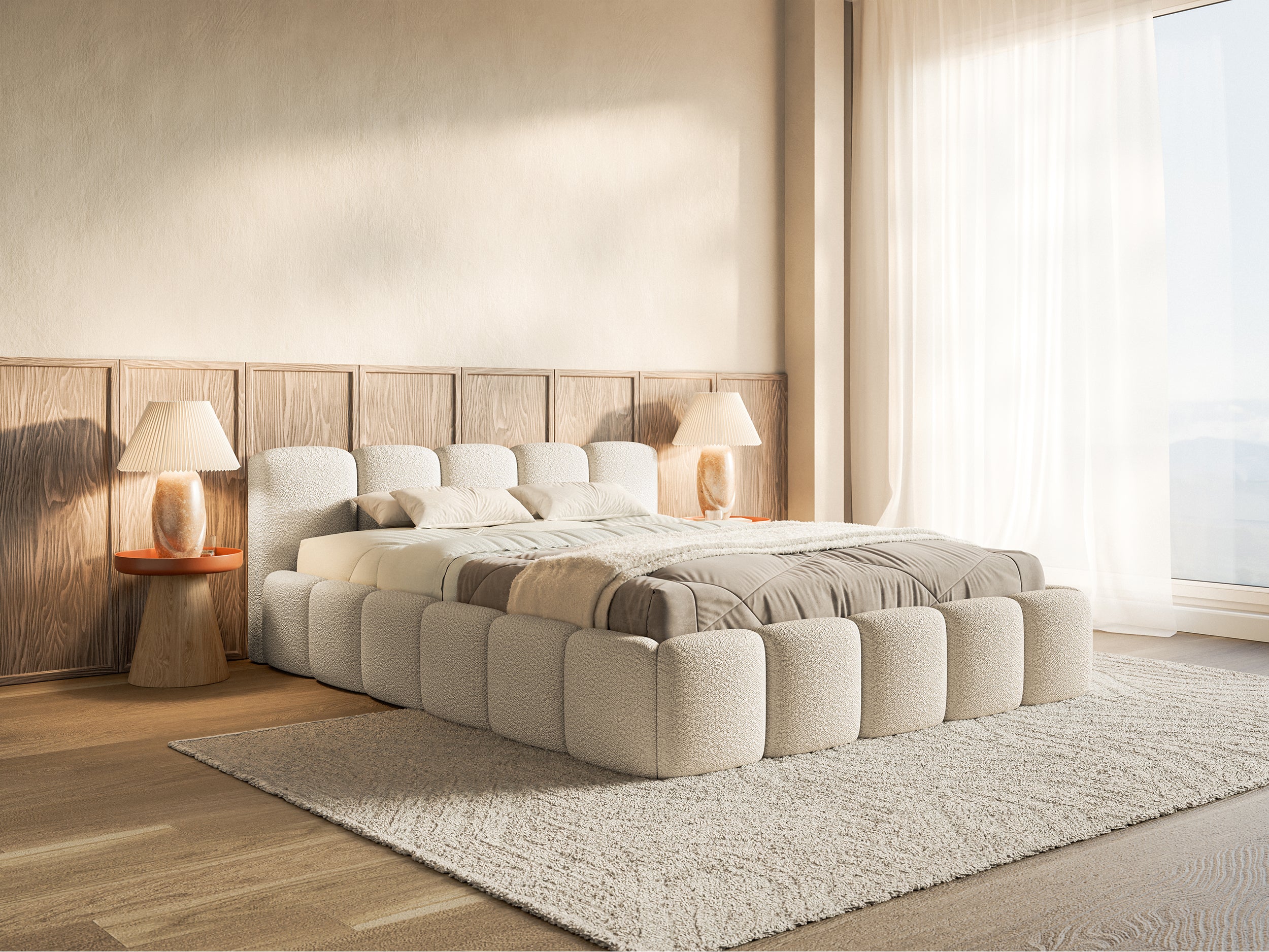 Polsterbett 160x200 cm Cloudy Low hellbeige Bouclé mit Holzlattenrost