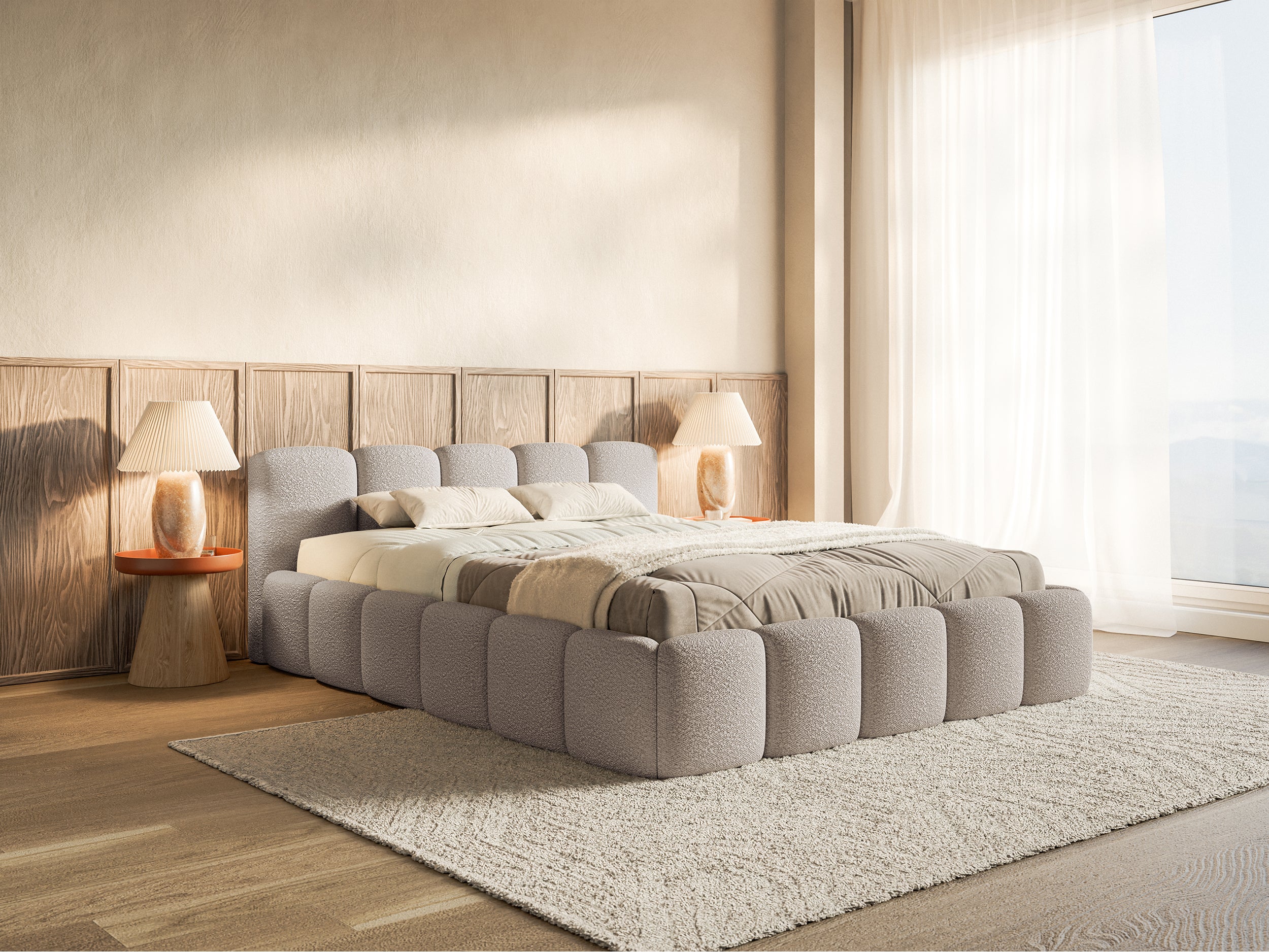 Polsterbett 160x200 cm Cloudy Low mit Stauraum, hellgrauer Bouclé-Stoff, Metallrahmen