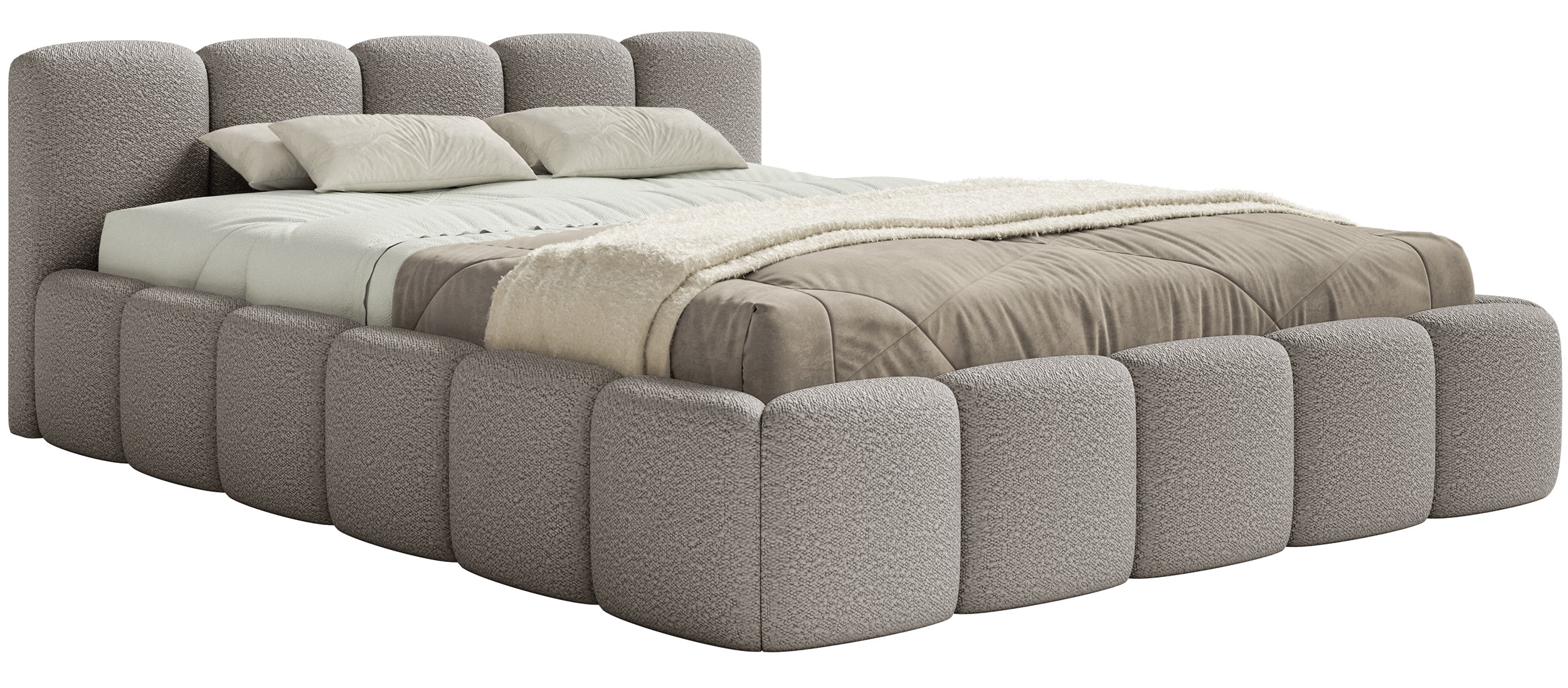 Gepolstertes Bett 160x200 cm Cloudy Low mit Stauraum, grauer Bouclé-Stoff, Metallrahmen