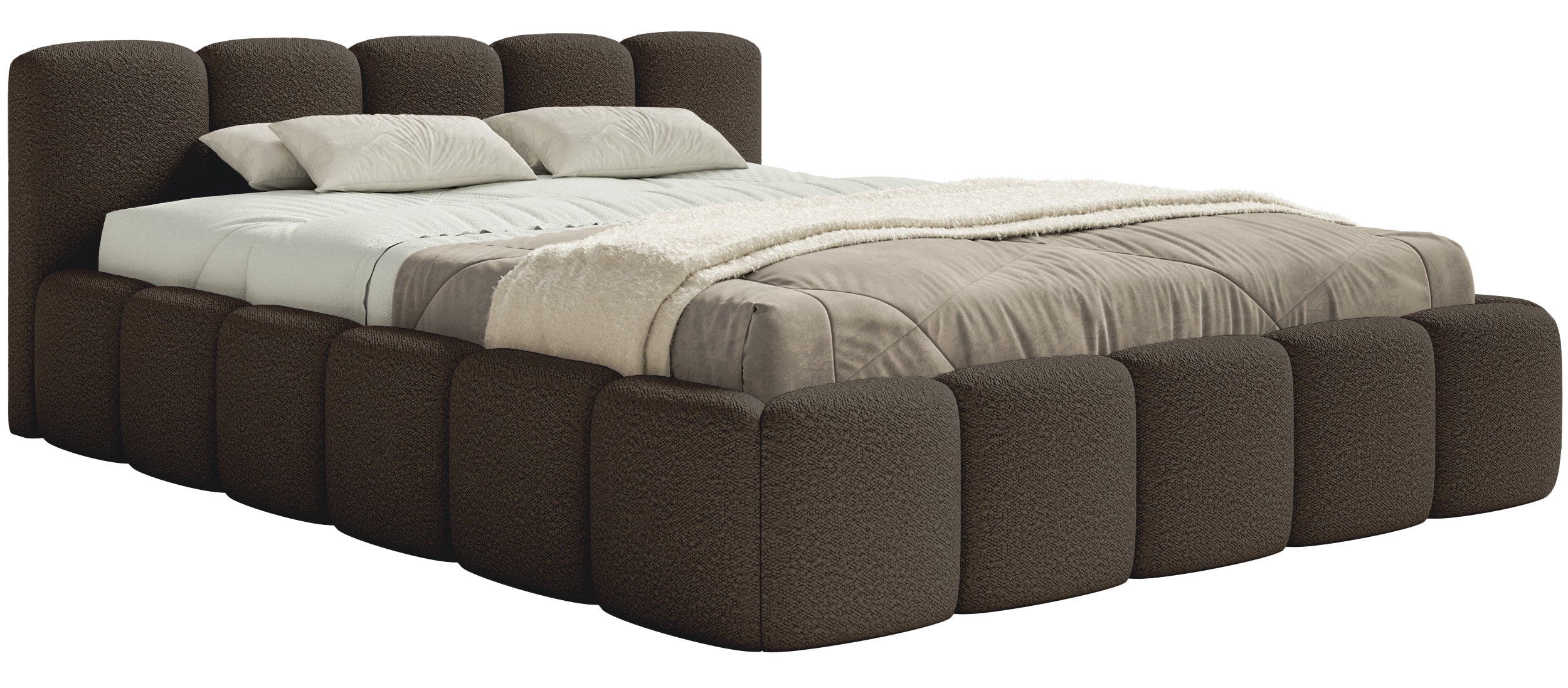 Polsterbett 200x200 cm Cloudy Low braunes Bouclé mit Holzlattenrost