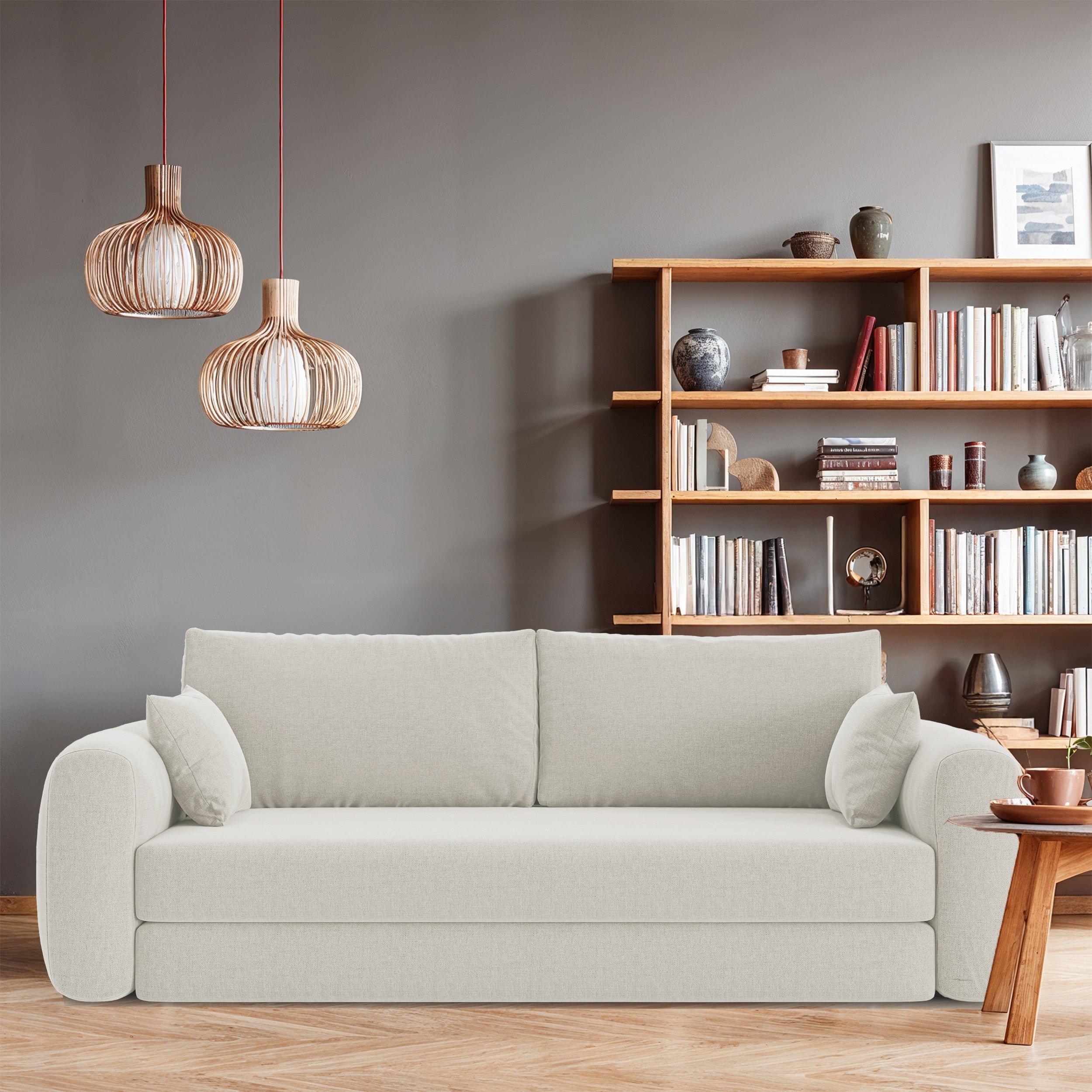 Dreisitziges ausklappbares Sofa Velera, cremefarbenes Geflecht