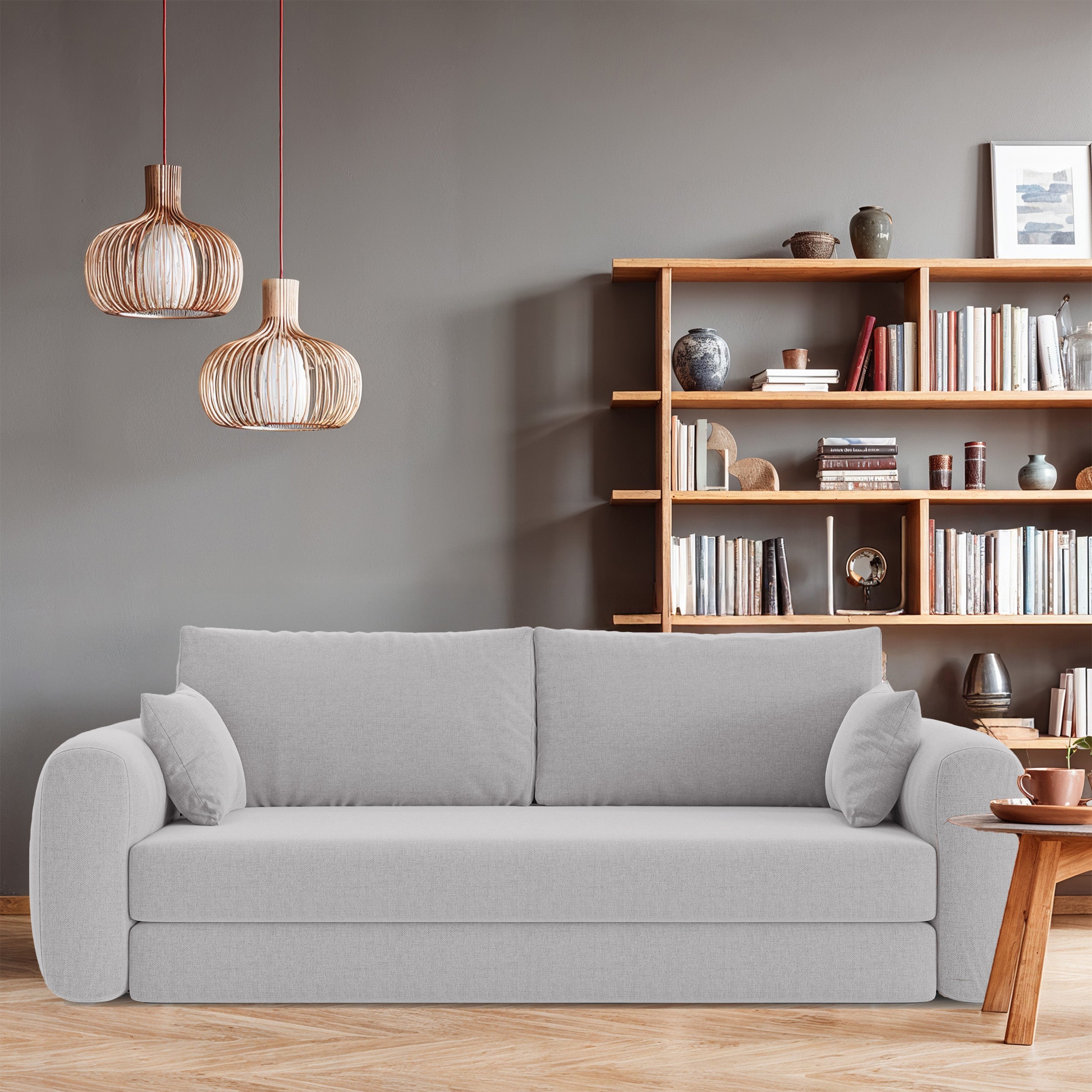 Dreisitziges ausklappbares Sofa Velera in hellgrauem Flechtmuster