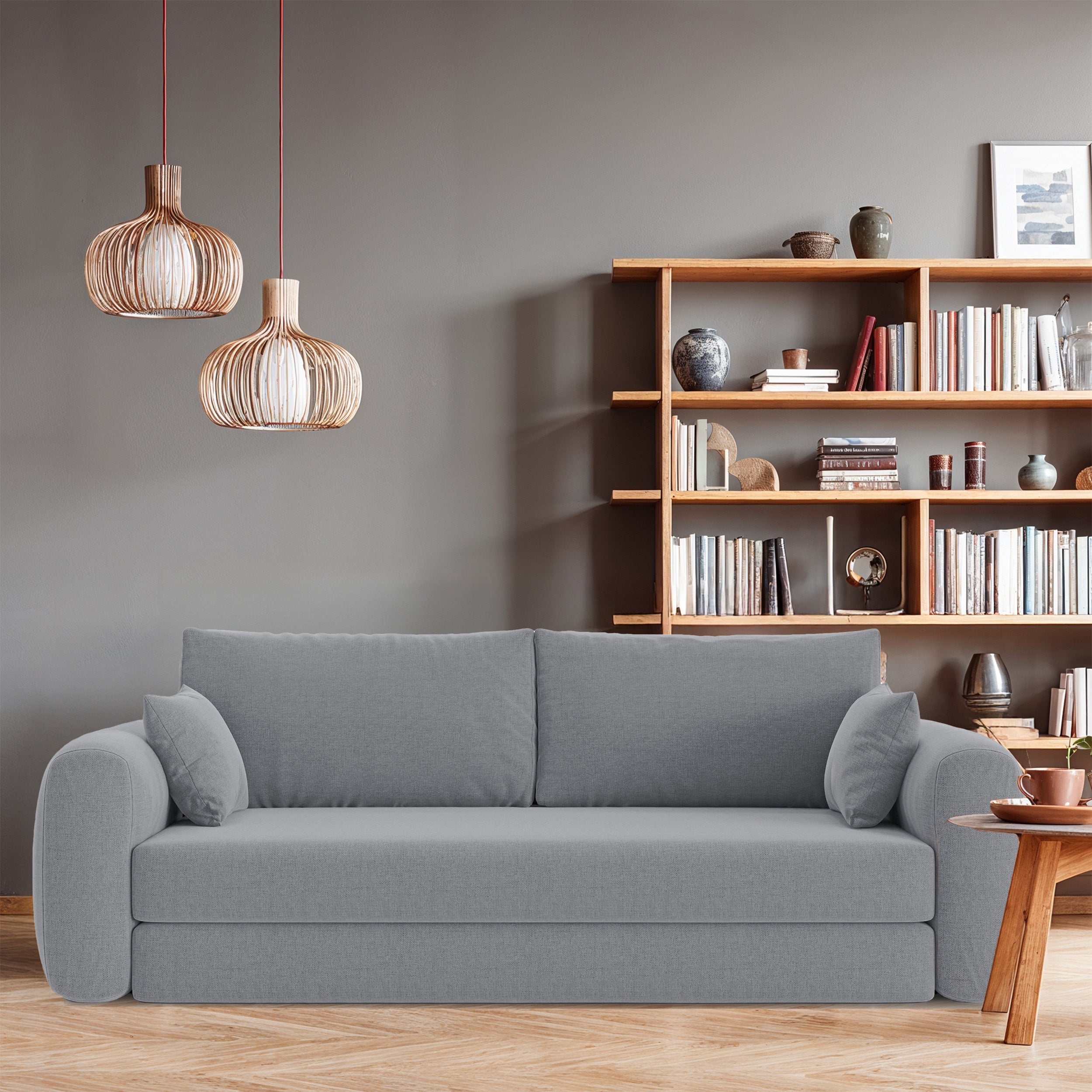 Dreisitziges ausklappbares Sofa Velera in grauem Flechtstoff