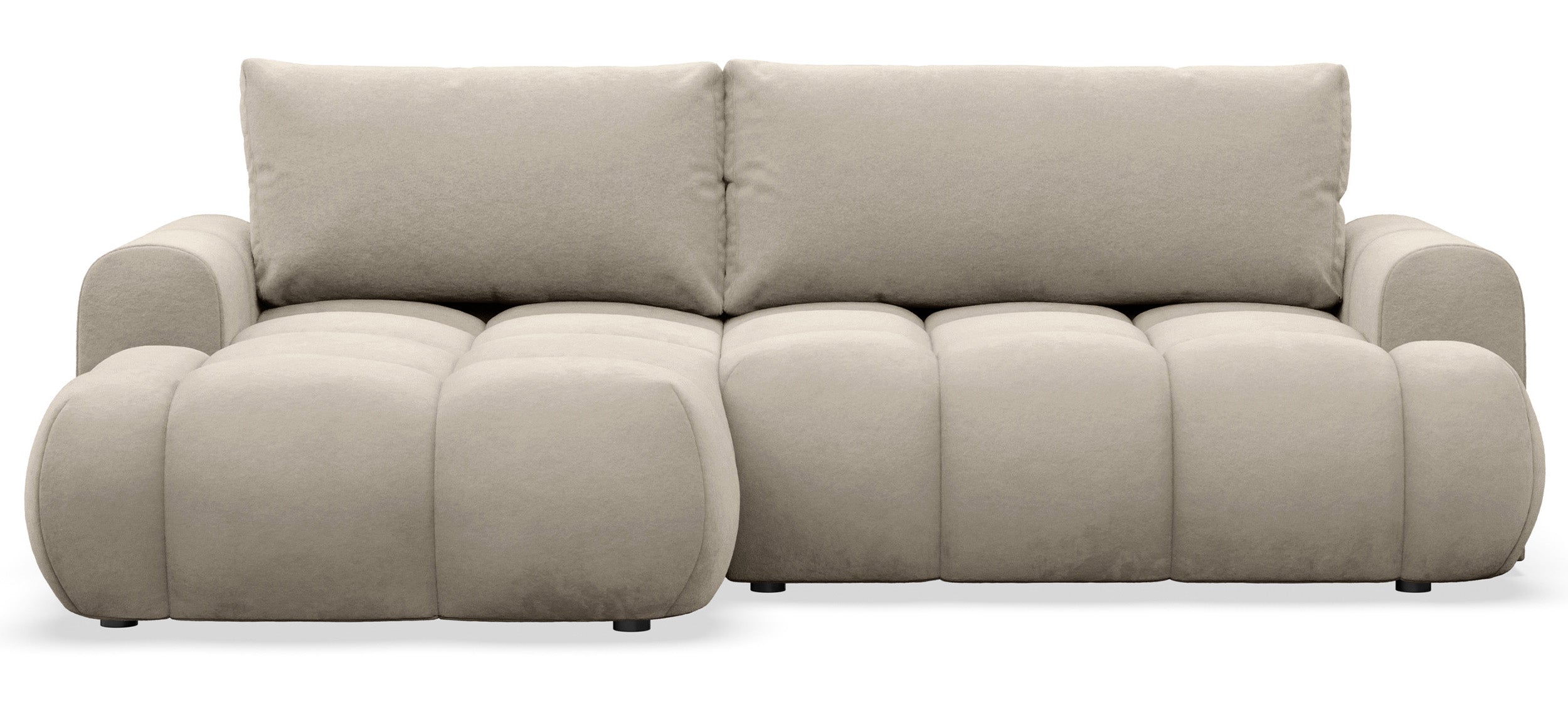 Ecksofa mit Schlaffunktion Ombo Mini, L-förmig, linksseitig, mit Stauraum, cremefarbenes Bouclé