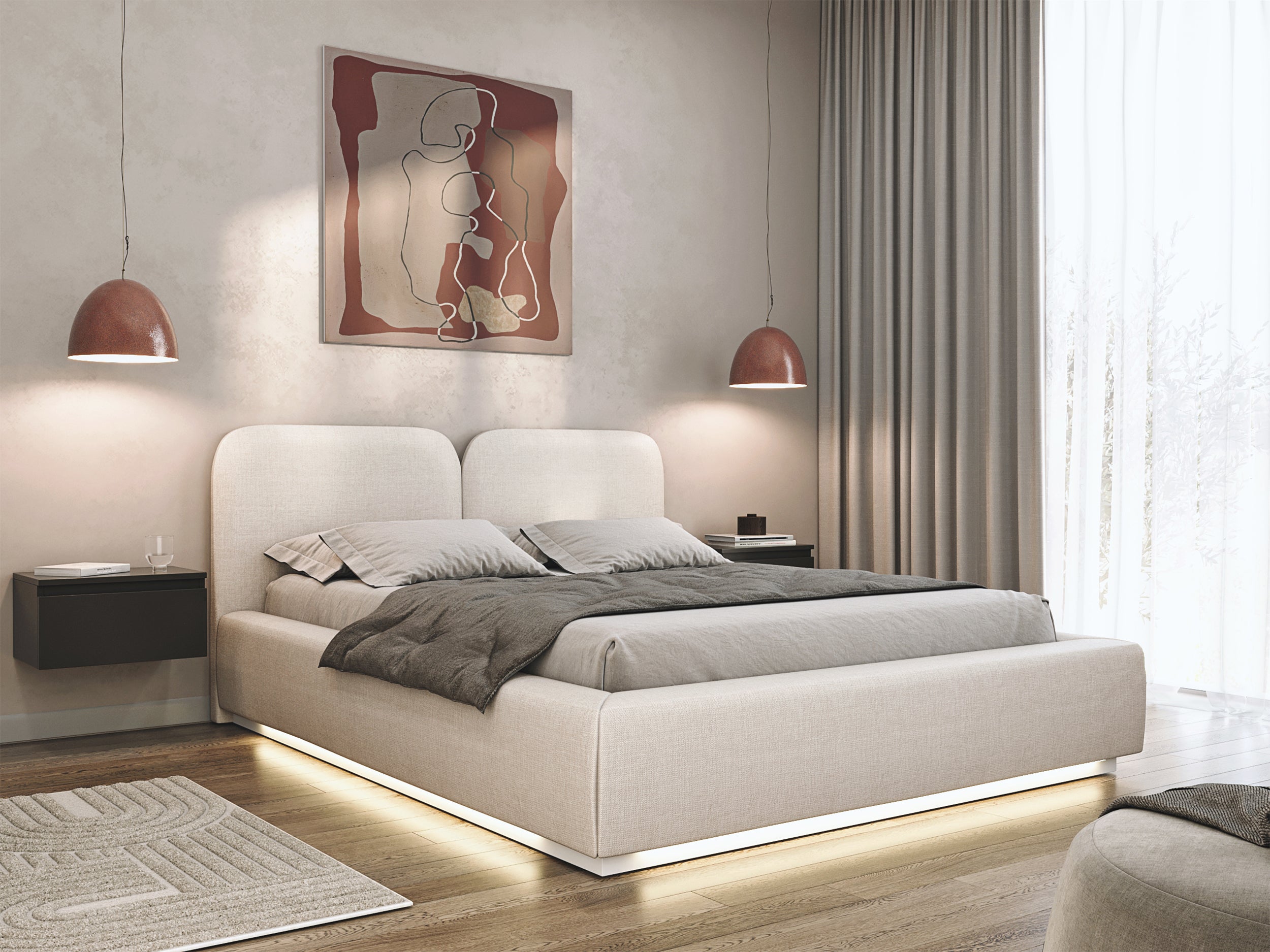 Polsterbett 180x200 cm Comoves mit LED-Beleuchtung, cremefarbenes Chenille