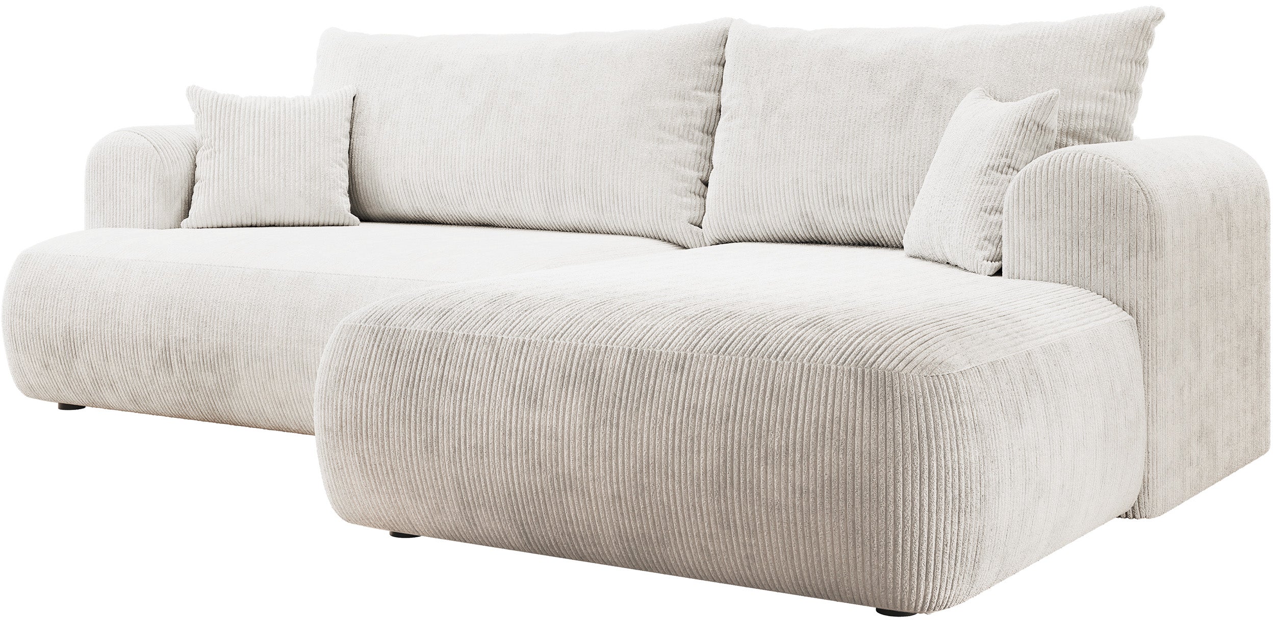 Ecksofa mit Schlaffunktion Ovo Cord, L-förmig, rechtsseitig, mit Stauraum, weißer Cordstoff