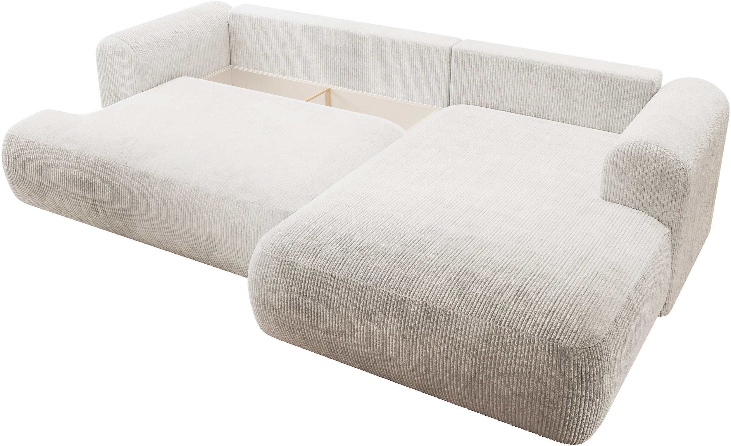 Ecksofa mit Schlaffunktion Ovo Cord, L-förmig, rechtsseitig, mit Stauraum, weißer Cordstoff