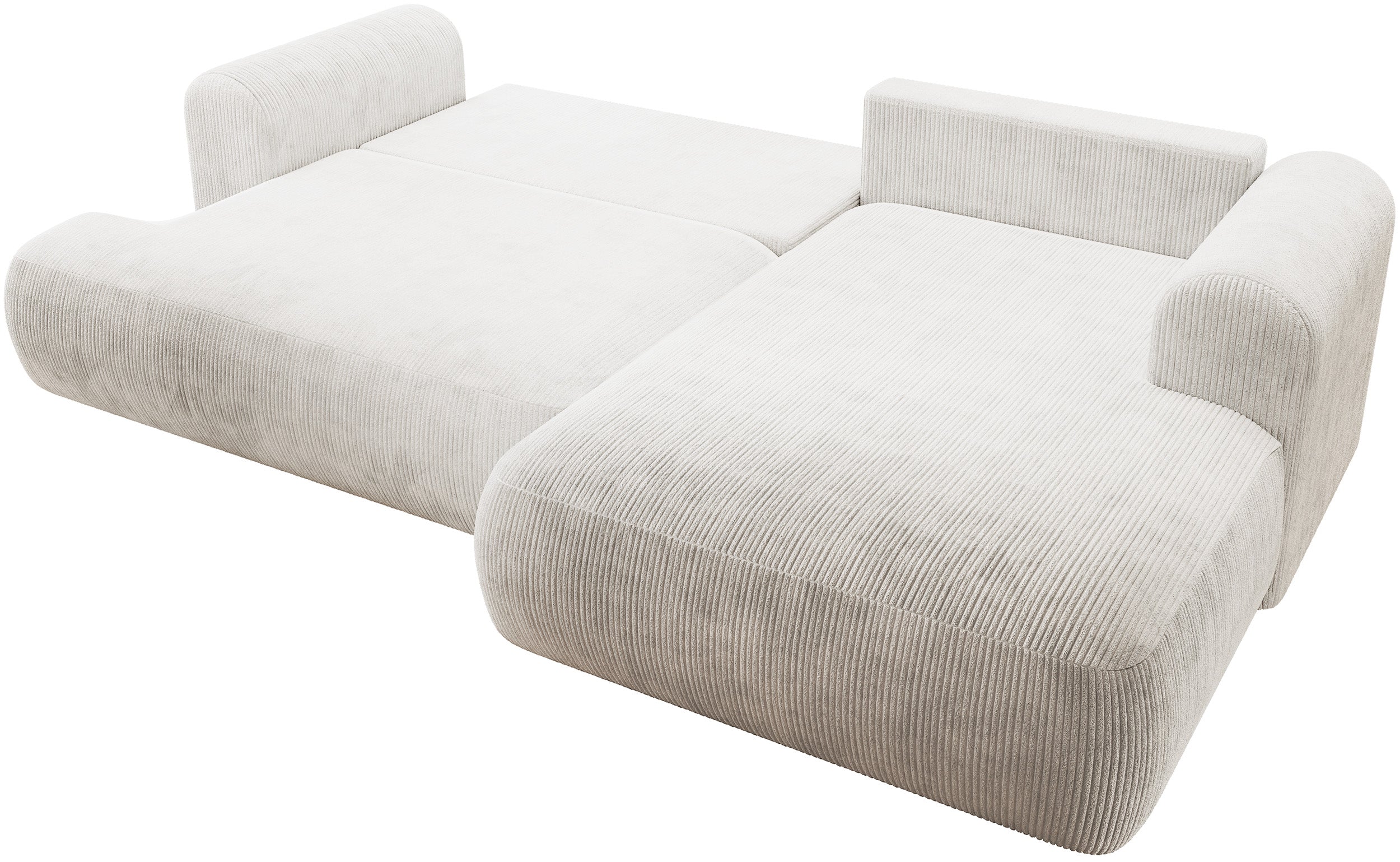 Ecksofa mit Schlaffunktion Ovo Cord, L-förmig, rechtsseitig, mit Stauraum, weißer Cordstoff