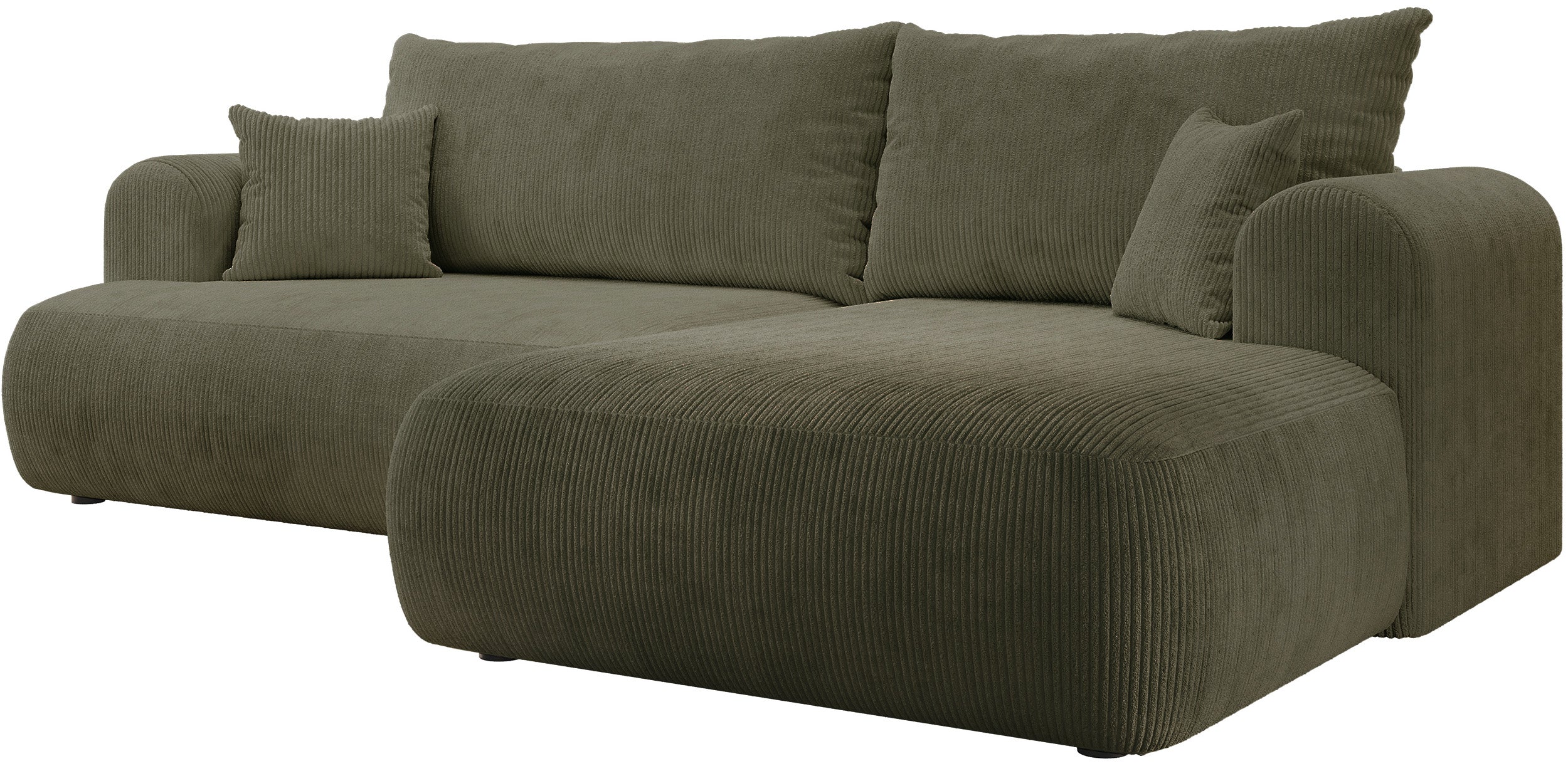 Ovo Cord Ecksofa mit Schlaffunktion, L-förmig, rechtsseitig, mit Stauraum, olivgrüner Cordstoff