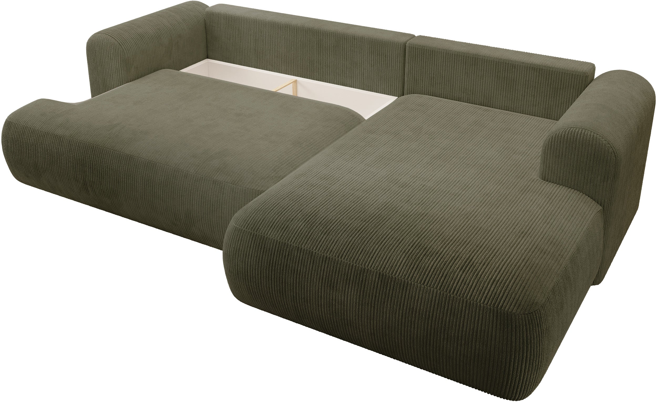 Ovo Cord Ecksofa mit Schlaffunktion, L-förmig, rechtsseitig, mit Stauraum, olivgrüner Cordstoff