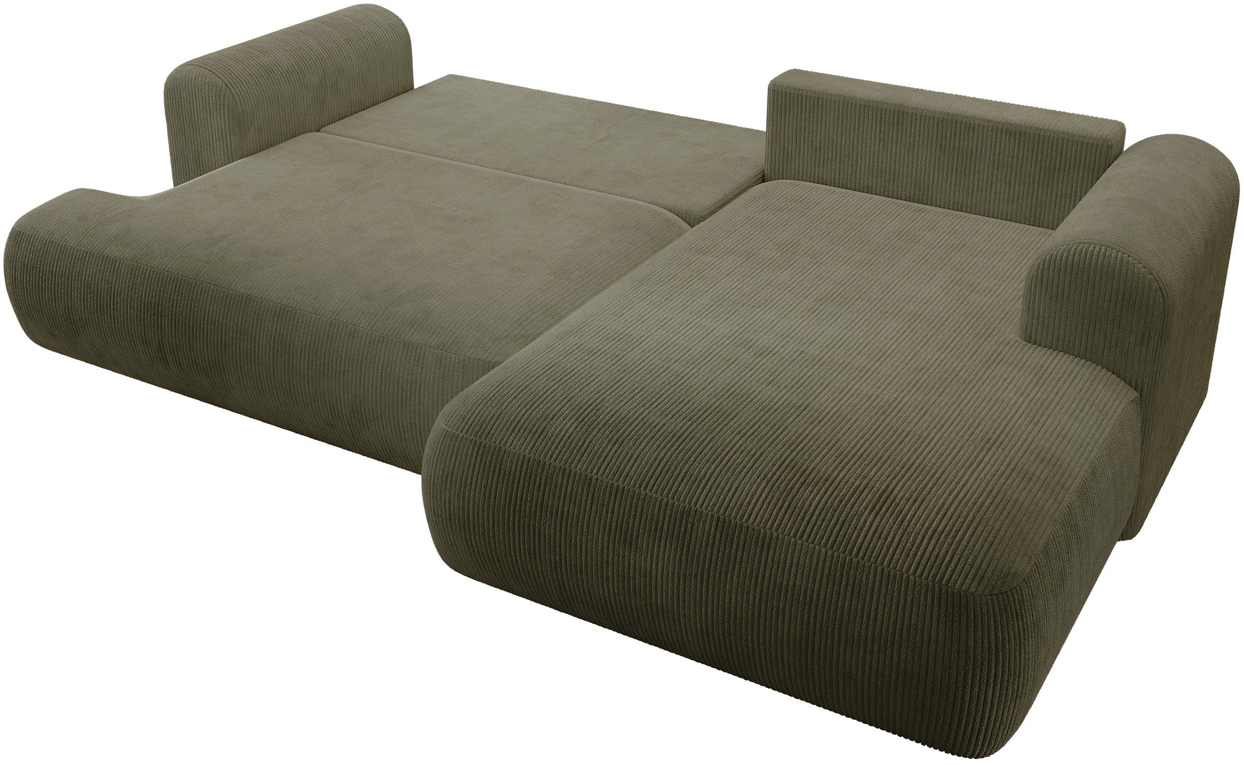 Ovo Cord Ecksofa mit Schlaffunktion, L-förmig, rechtsseitig, mit Stauraum, olivgrüner Cordstoff