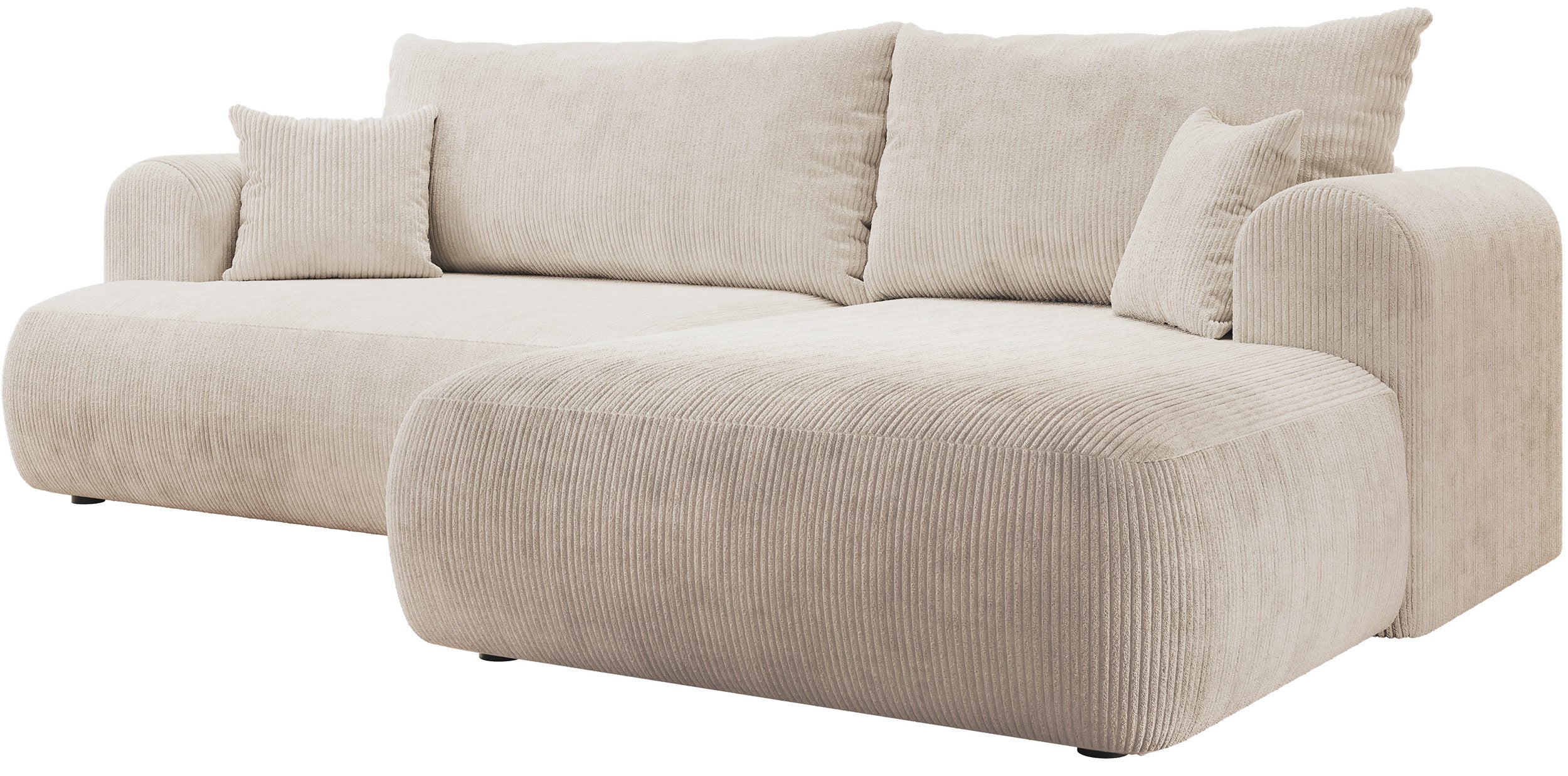 Ovo Cord Ecksofa mit Schlaffunktion, L-förmig, rechtsseitig, mit Stauraum, hellbeiger Cordstoff