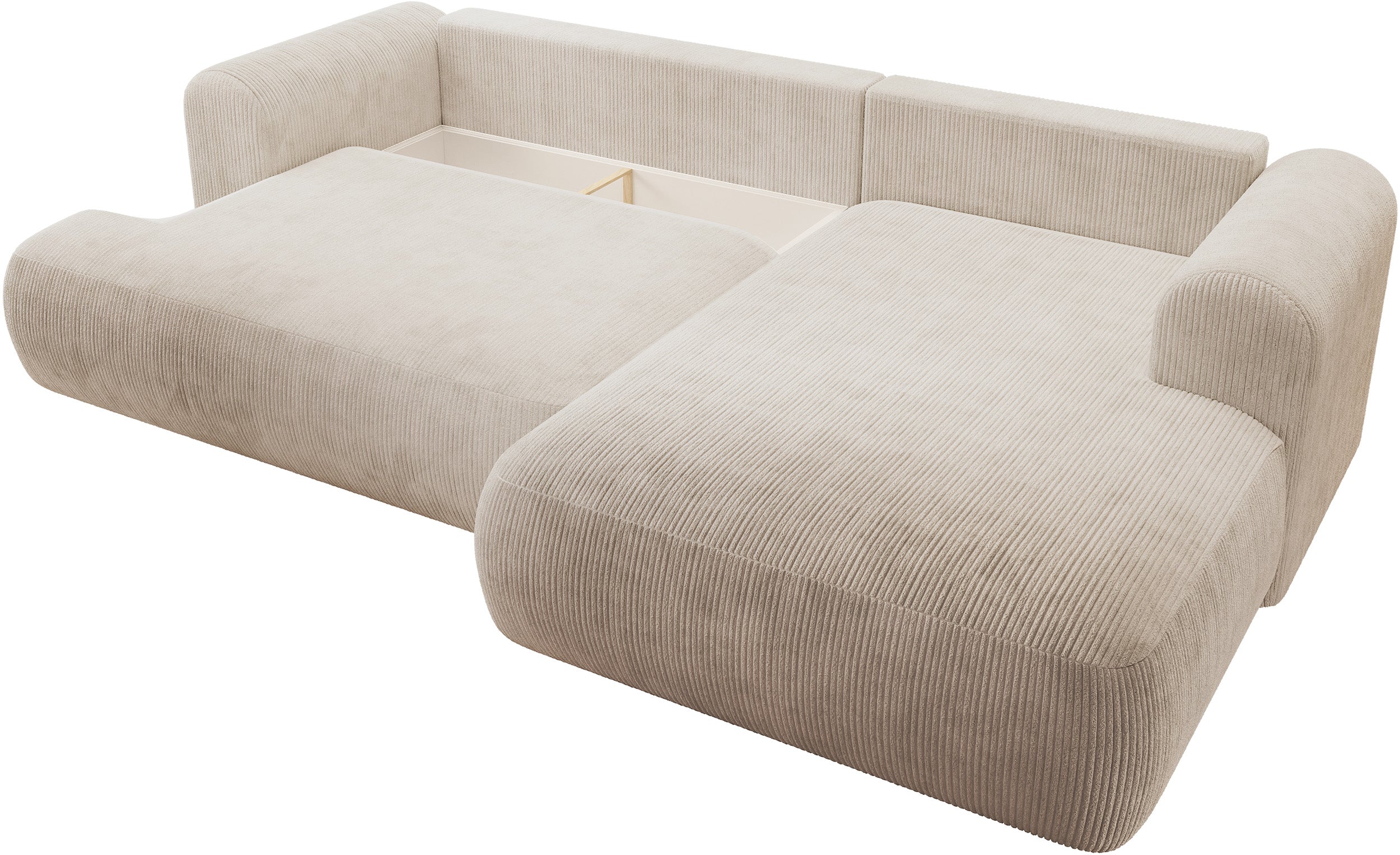 Ovo Cord Ecksofa mit Schlaffunktion, L-förmig, rechtsseitig, mit Stauraum, hellbeiger Cordstoff
