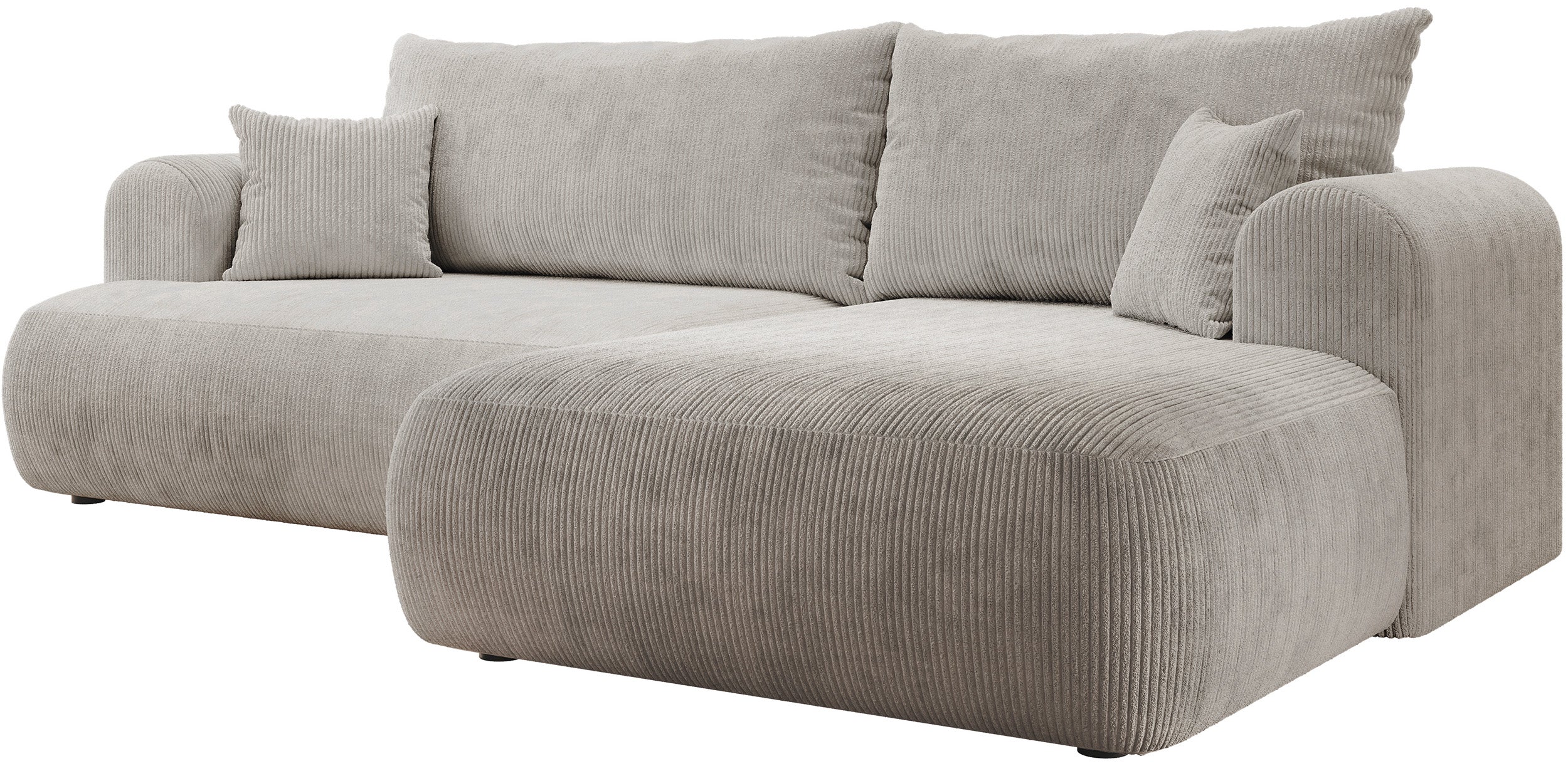 Ovo Cord Ecksofa mit Schlaffunktion, L-Form, rechtsseitig, mit Stauraum, grau-beiger Cordstoff