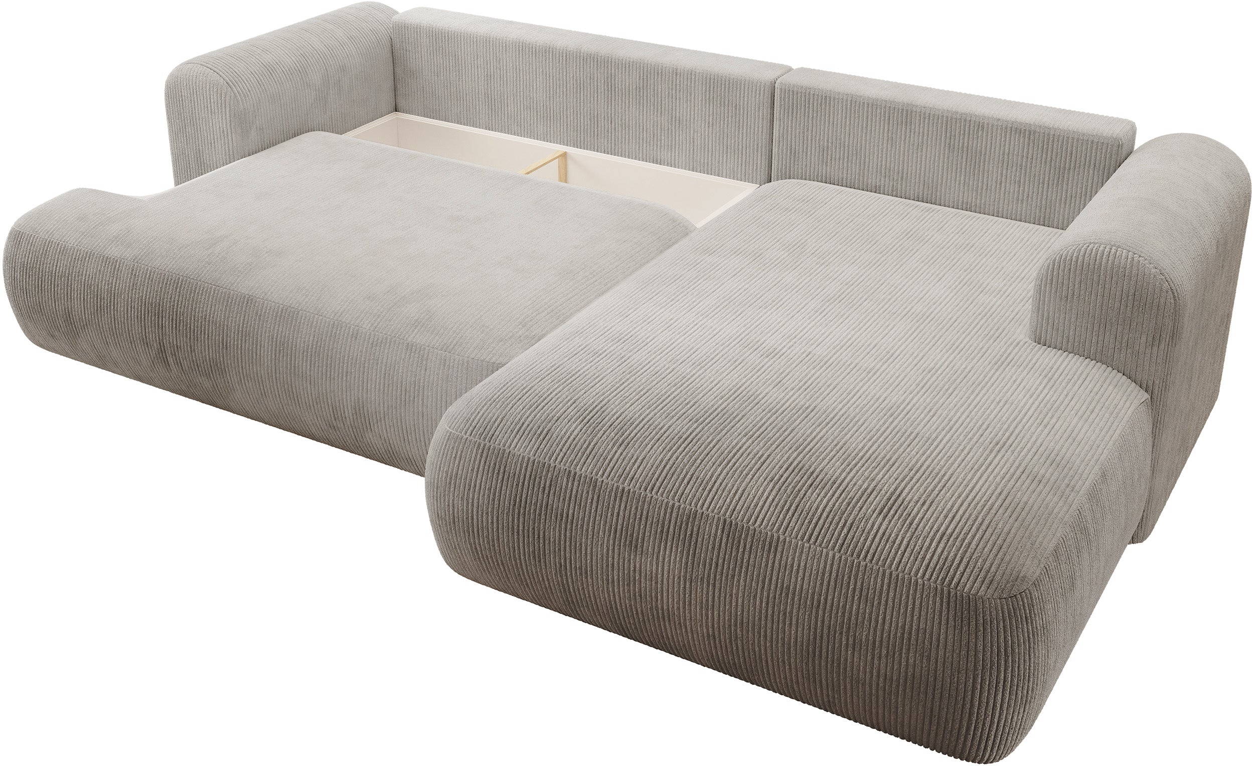 Ovo Cord Ecksofa mit Schlaffunktion, L-Form, rechtsseitig, mit Stauraum, grau-beiger Cordstoff