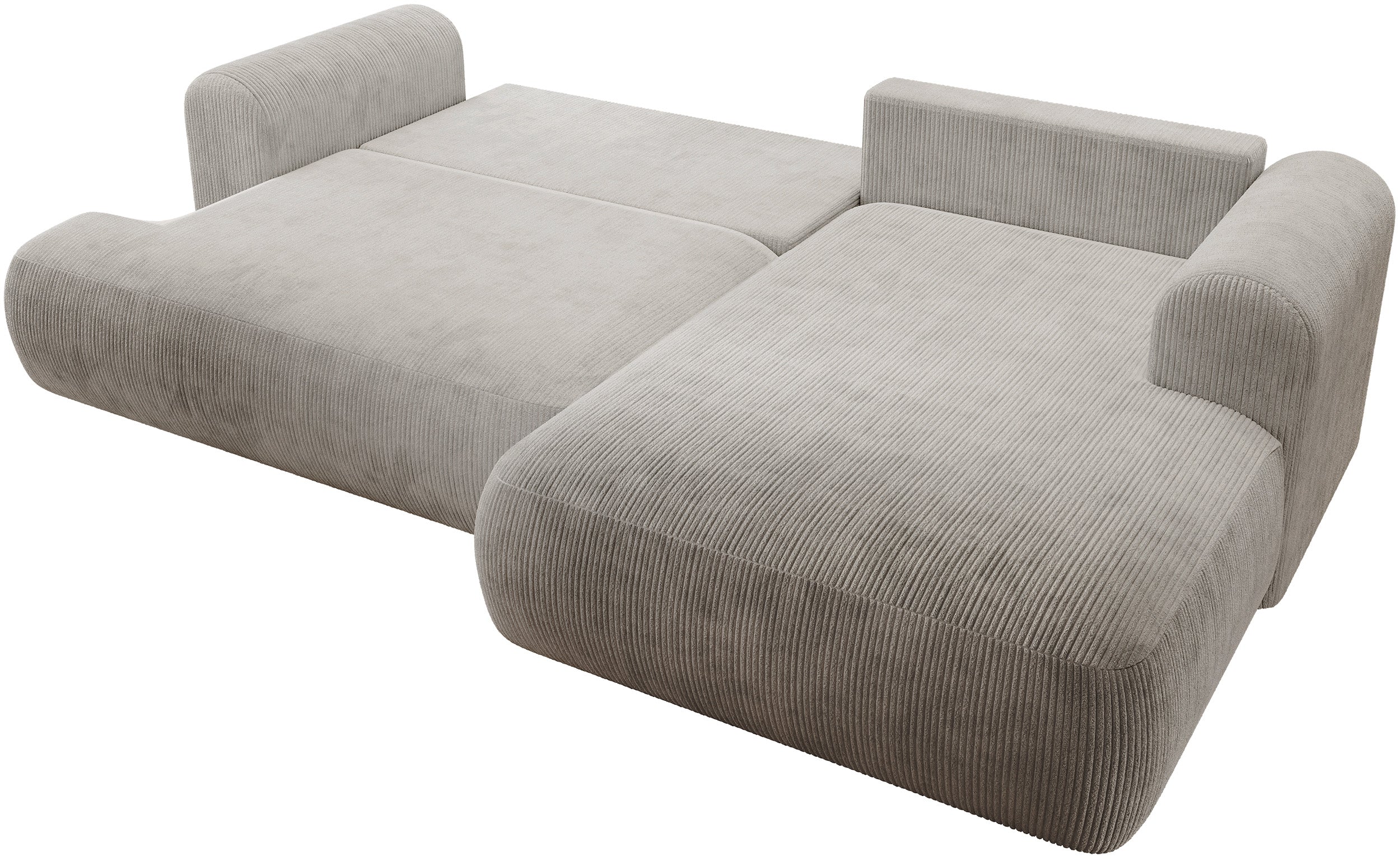 Ovo Cord Ecksofa mit Schlaffunktion, L-Form, rechtsseitig, mit Stauraum, grau-beiger Cordstoff