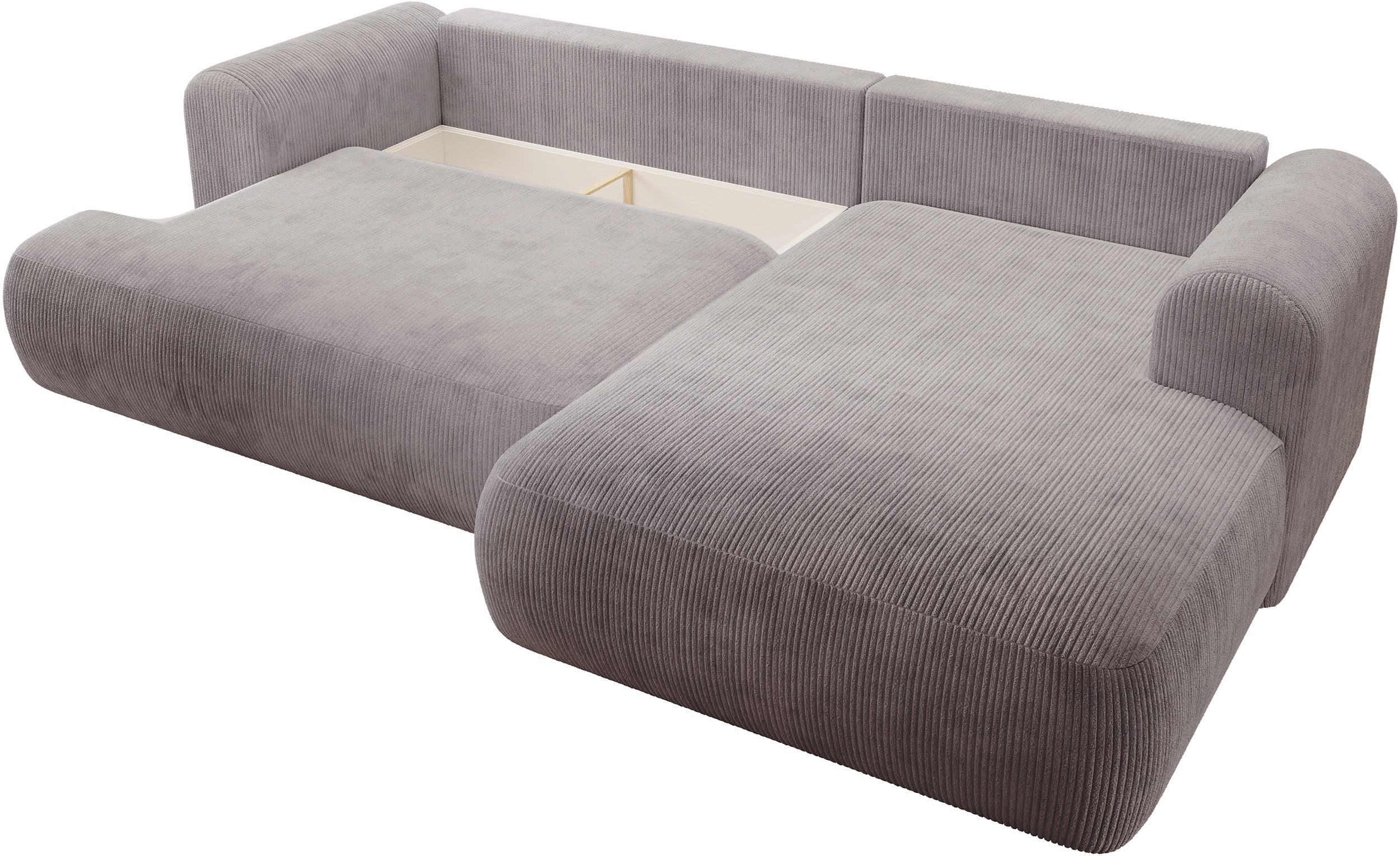 Ecksofa mit Schlafunktion Ovo Cord, L-förmig, rechtsseitig, mit Stauraum, hellgrauer Cordstoff