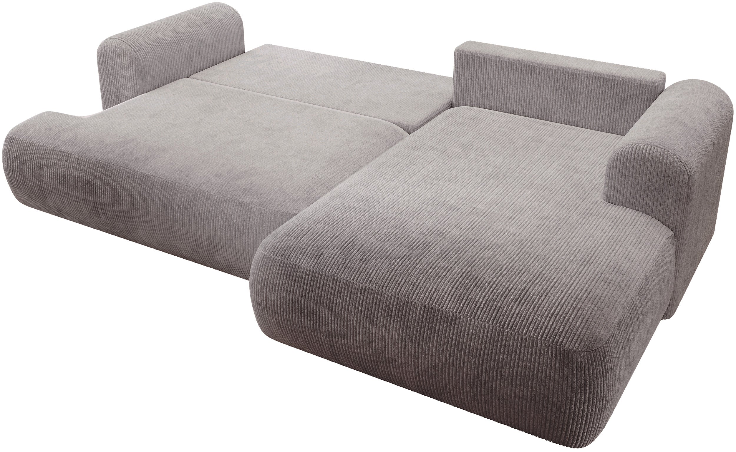 Ecksofa mit Schlafunktion Ovo Cord, L-förmig, rechtsseitig, mit Stauraum, hellgrauer Cordstoff