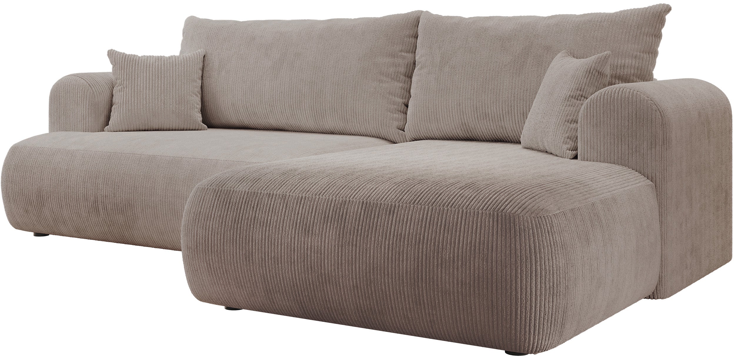 Ecksofa mit Schlaffunktion Ovo Cord, L-förmig, rechtsseitig, mit Stauraum, beiger Cordstoff