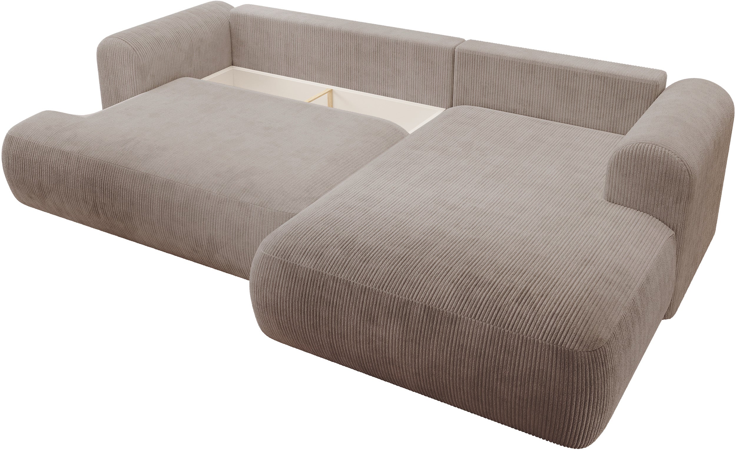 Ecksofa mit Schlaffunktion Ovo Cord, L-förmig, rechtsseitig, mit Stauraum, beiger Cordstoff