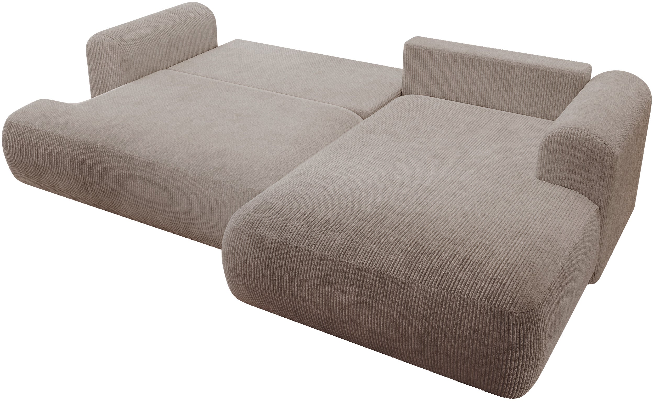 Ecksofa mit Schlaffunktion Ovo Cord, L-förmig, rechtsseitig, mit Stauraum, beiger Cordstoff