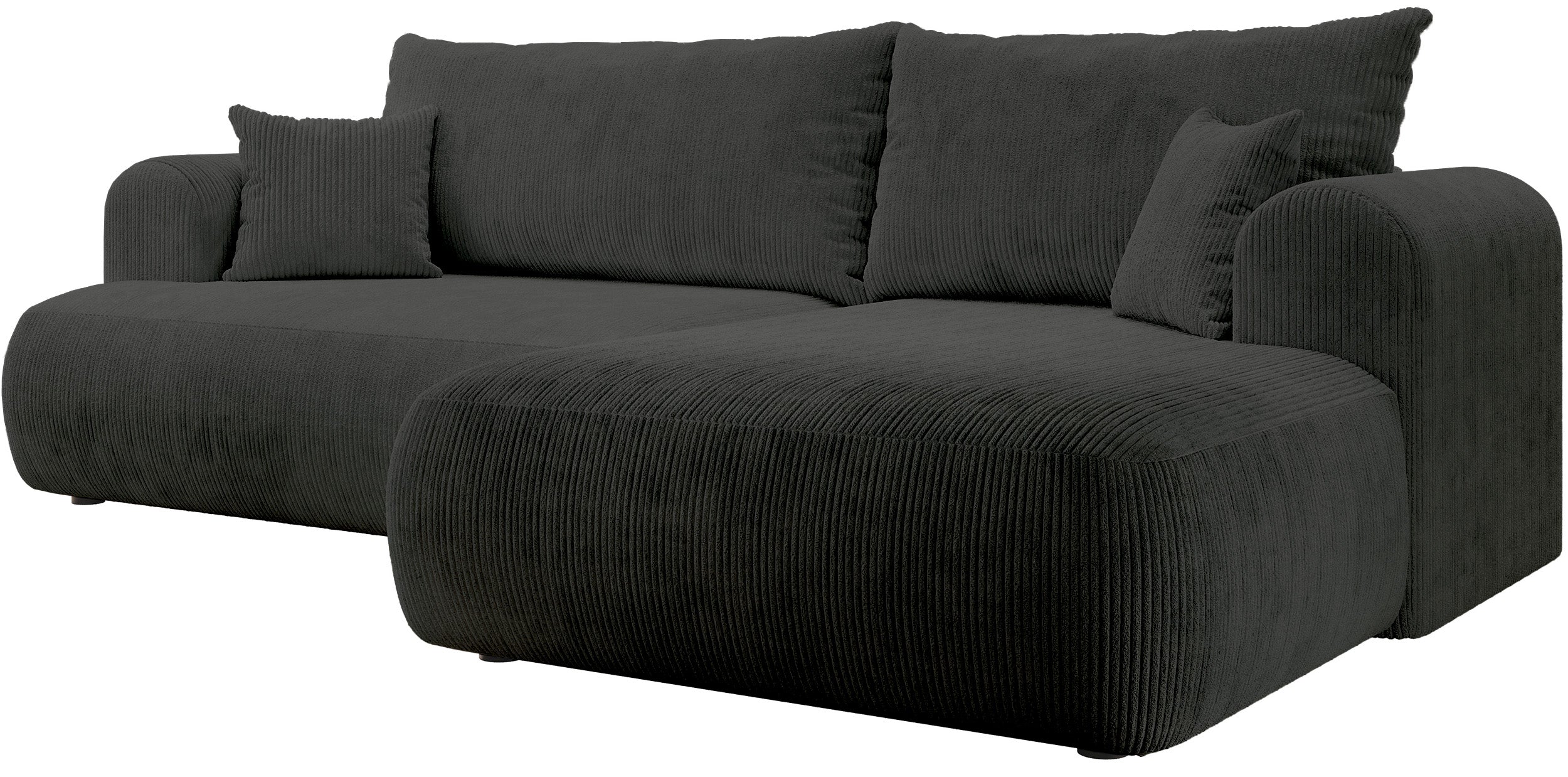 Ovo Cord Ecksofa mit Schlaffunktion, L-Form, rechtsseitig, mit Stauraum, dunkelgrauer Cordstoff