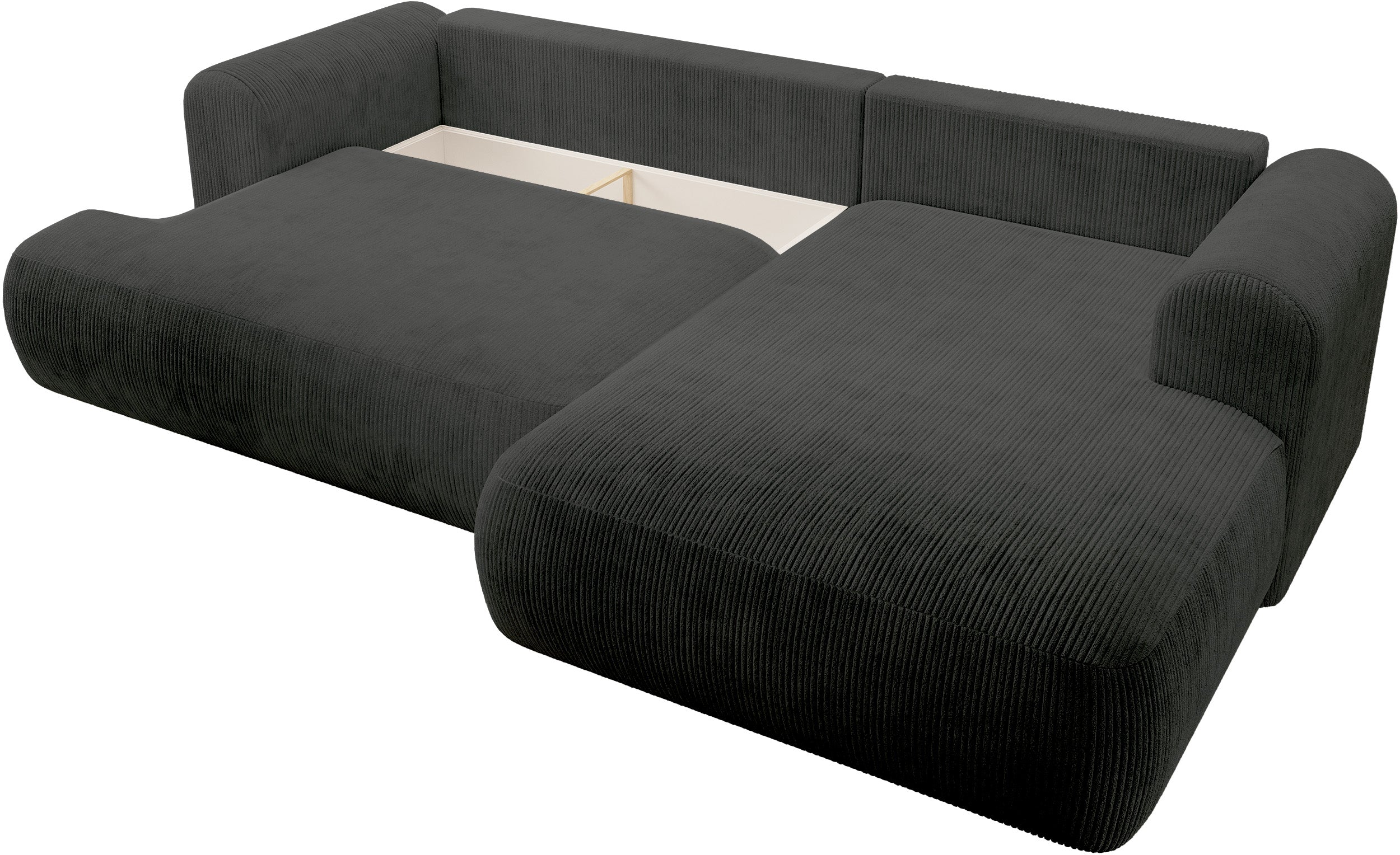 Ovo Cord Ecksofa mit Schlaffunktion, L-Form, rechtsseitig, mit Stauraum, dunkelgrauer Cordstoff
