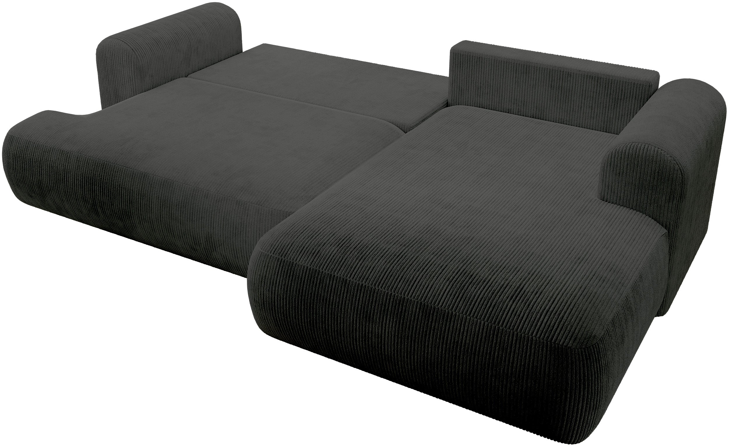 Ovo Cord Ecksofa mit Schlaffunktion, L-Form, rechtsseitig, mit Stauraum, dunkelgrauer Cordstoff