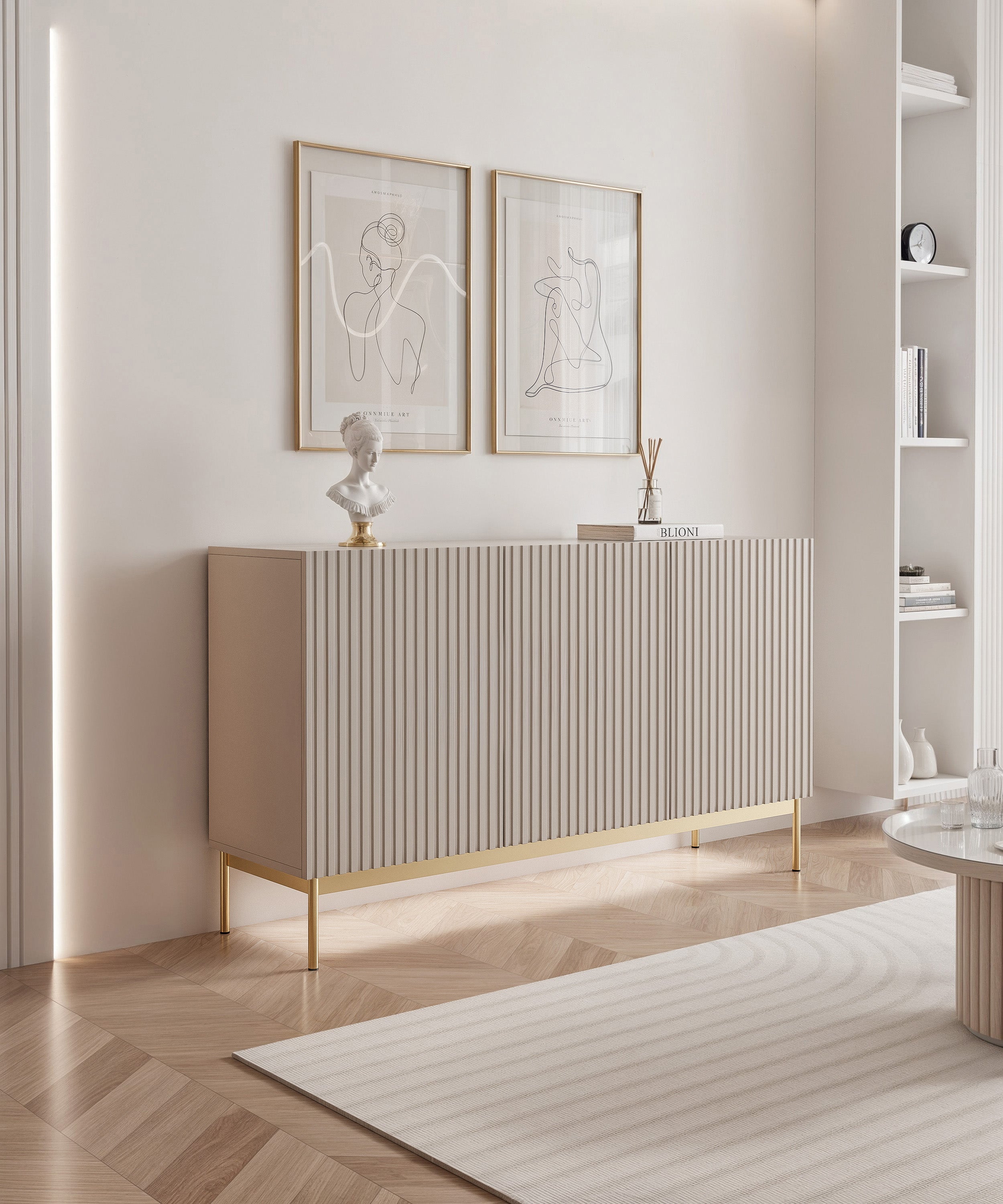 Drehtür-Kommode Linearis mit LED-Beleuchtung, 138 cm, Kaschmirfarben auf goldenen Beinen