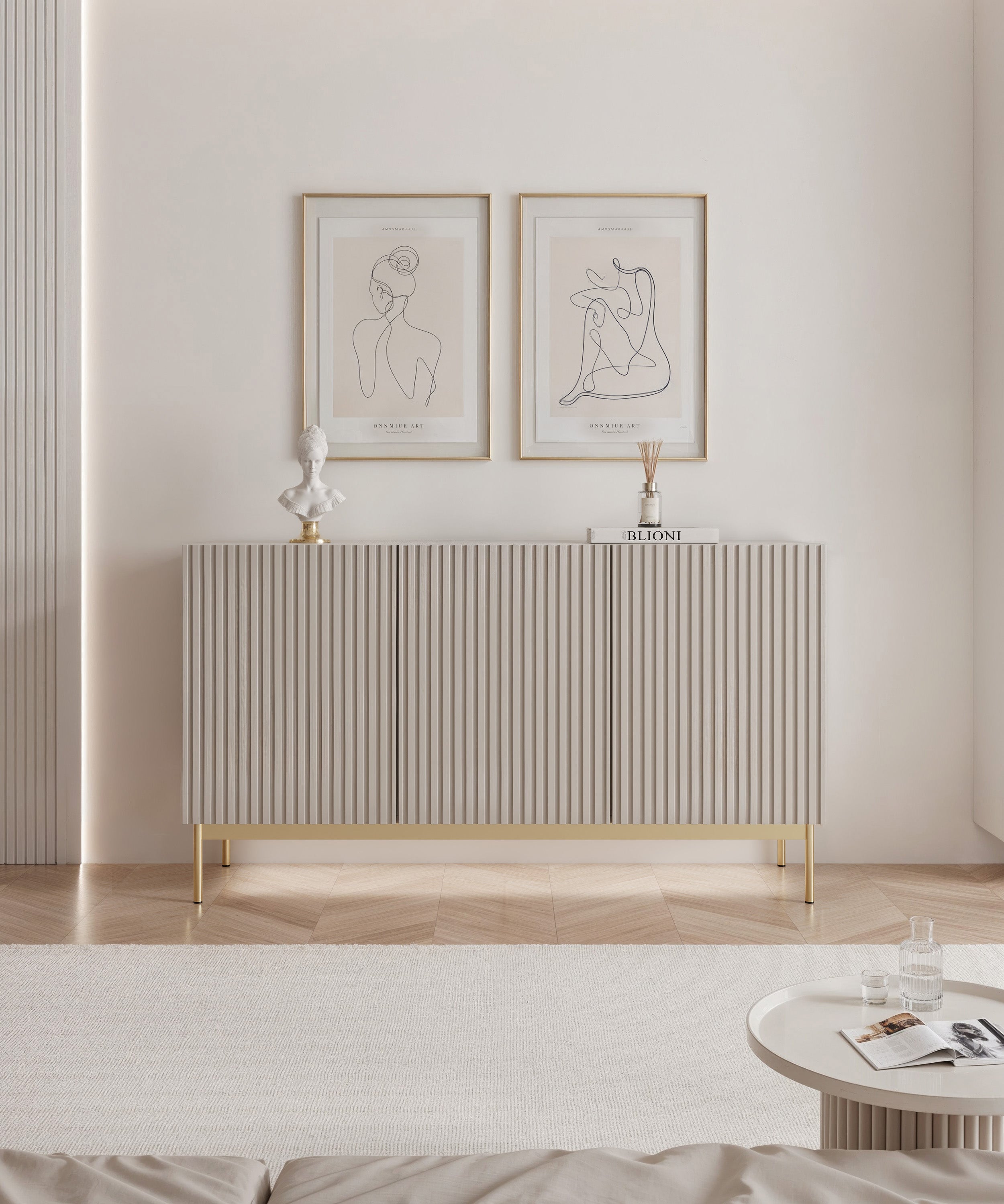 Drehtür-Kommode Linearis mit LED-Beleuchtung, 138 cm, Kaschmirfarben auf goldenen Beinen