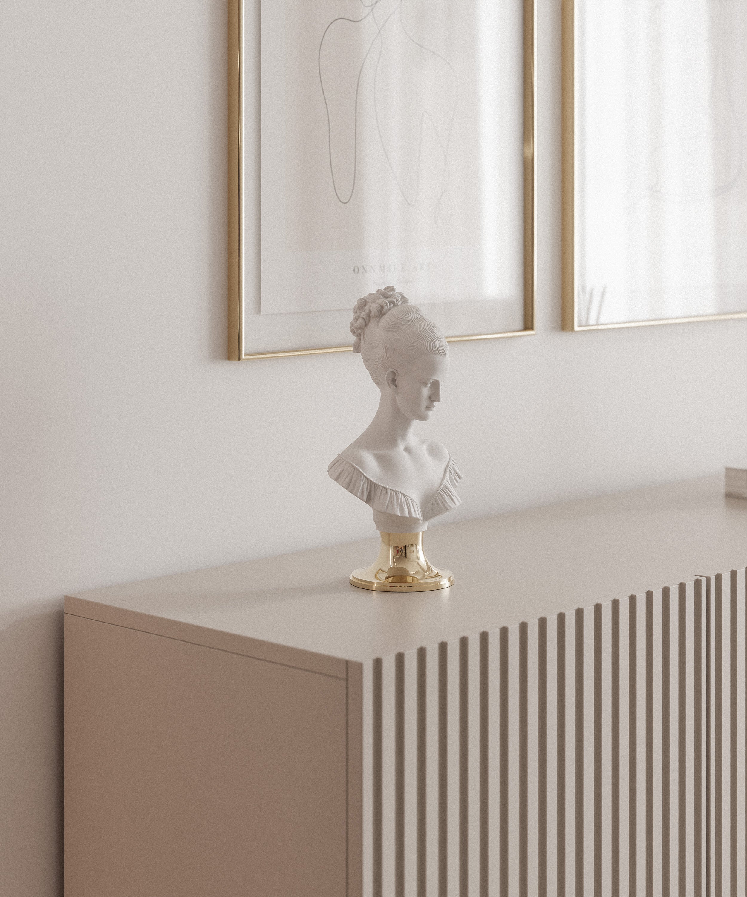 Drehtür-Kommode Linearis mit LED-Beleuchtung, 138 cm, Kaschmirfarben auf goldenen Beinen