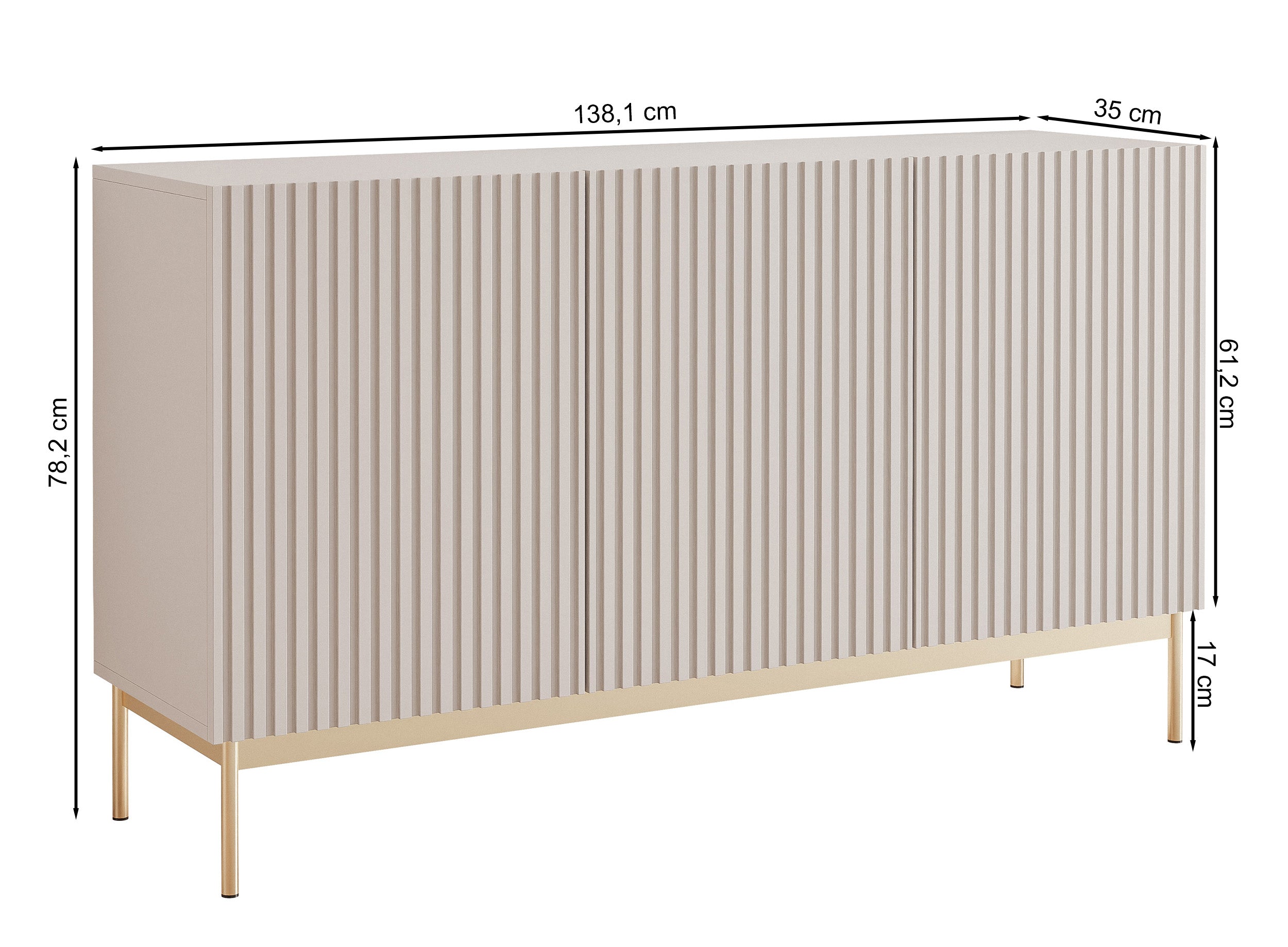 Drehtür-Kommode Linearis mit LED-Beleuchtung, 138 cm, Kaschmirfarben auf goldenen Beinen