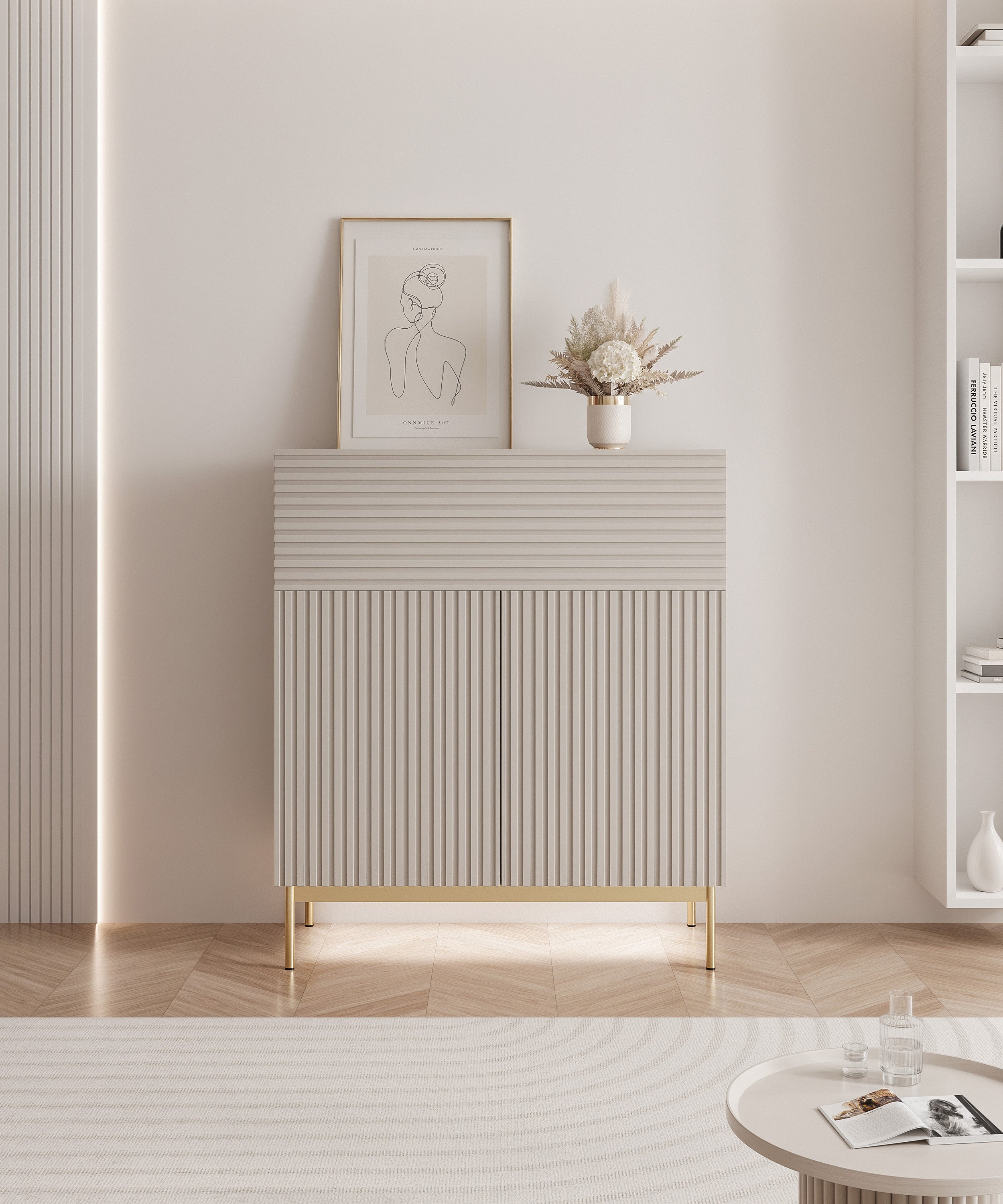 Zweittürige Kommode Linearis mit klappbarem Fach und LED-Beleuchtung, 92 cm, Kaschmir auf goldenen Beinen