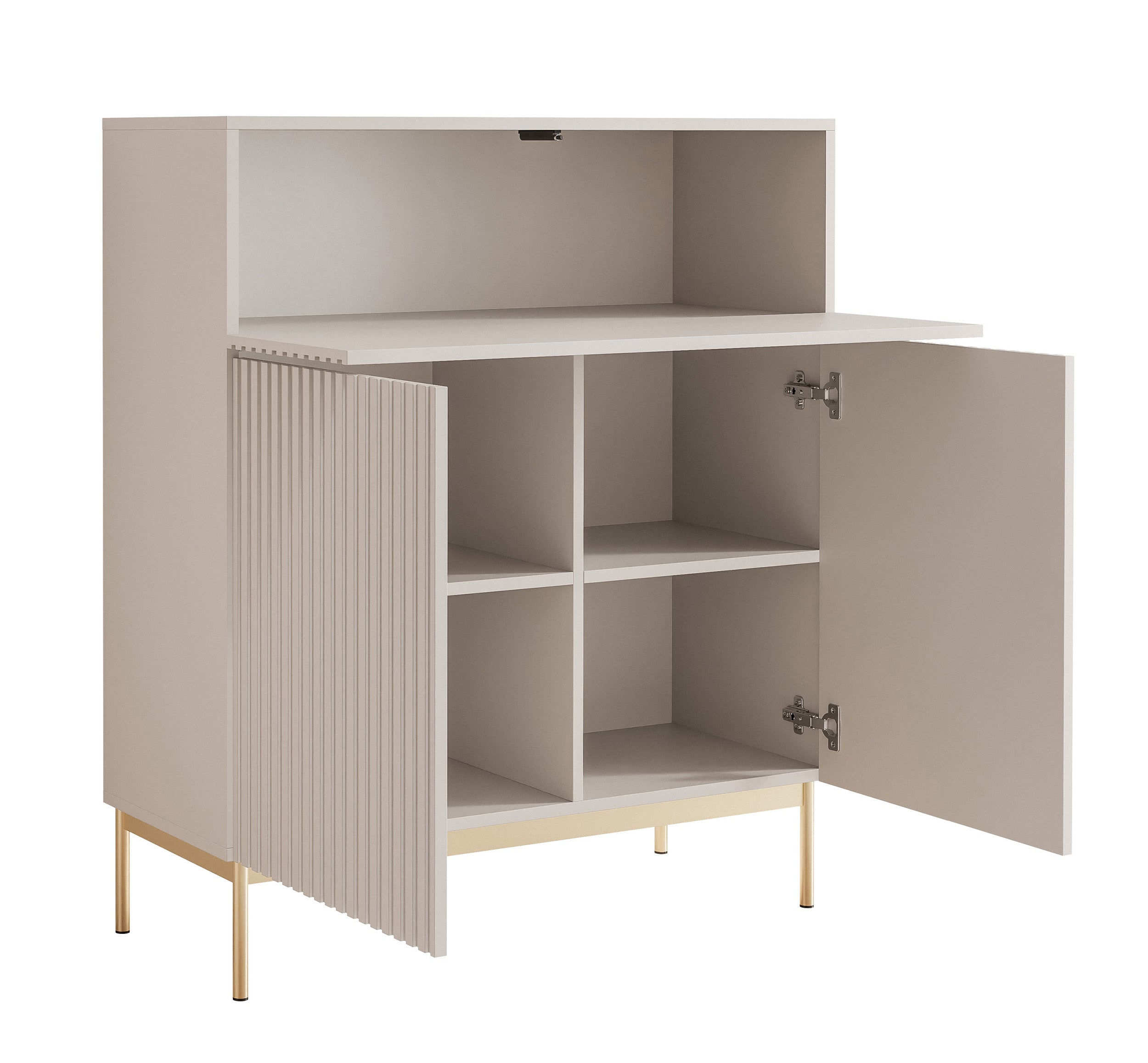 Zweittürige Kommode Linearis mit klappbarem Fach und LED-Beleuchtung, 92 cm, Kaschmir auf goldenen Beinen