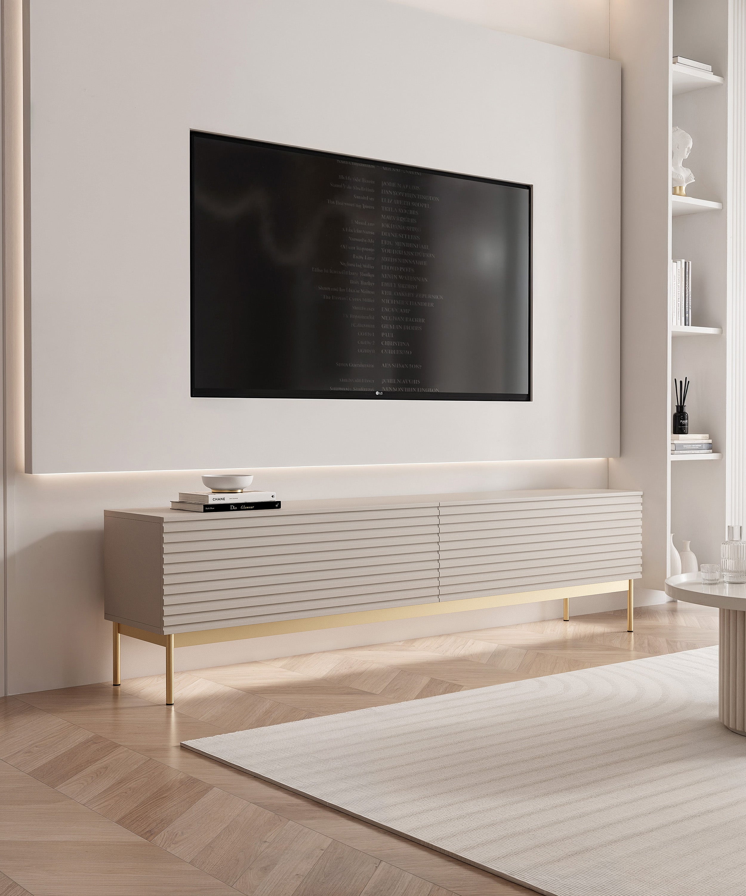 TV-Schrank Linearis mit zwei klappbaren Fächern und LED-Beleuchtung, 175 cm, Kaschmir auf goldenen Füßen