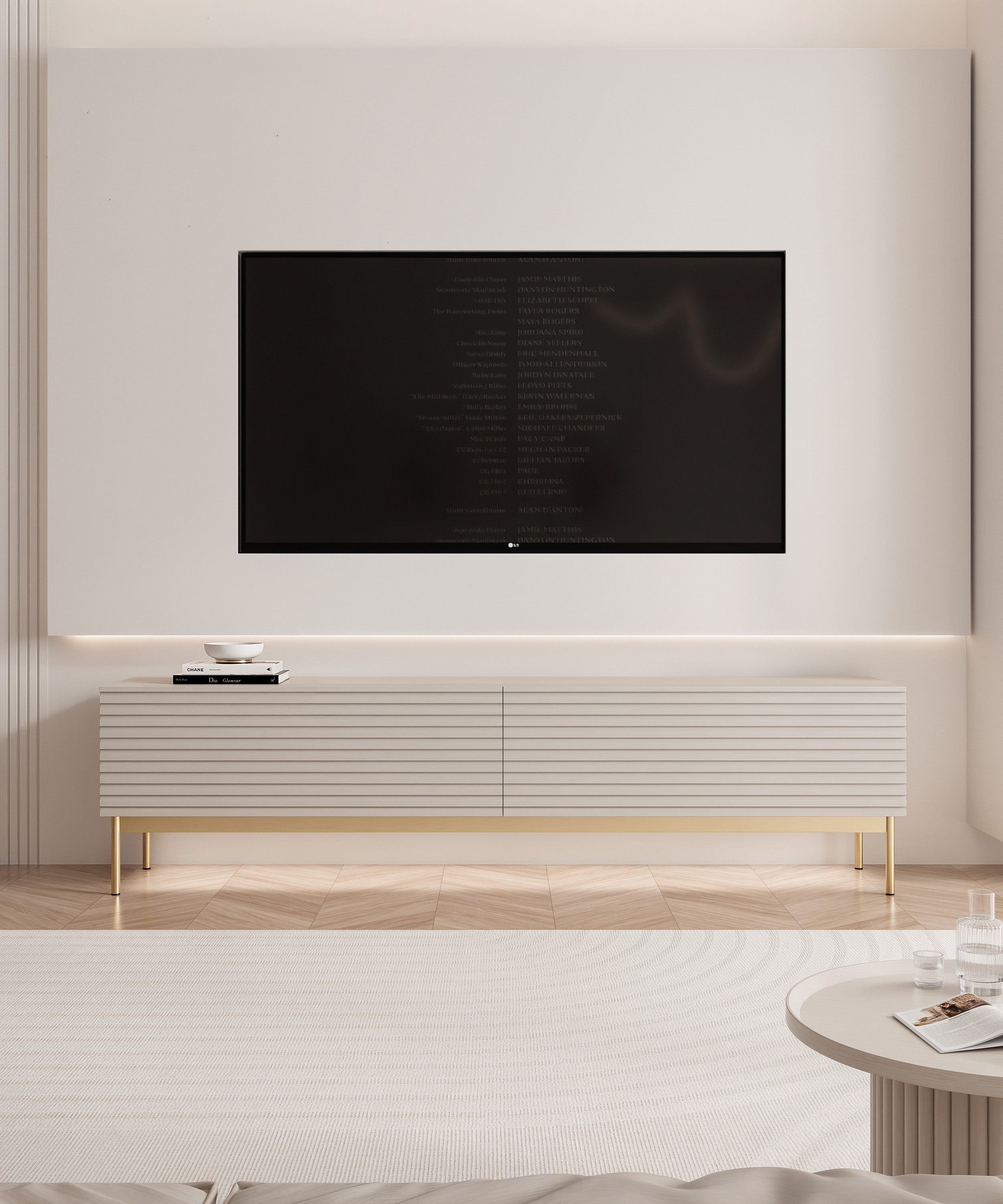 TV-Schrank Linearis mit zwei klappbaren Fächern und LED-Beleuchtung, 175 cm, Kaschmir auf goldenen Füßen