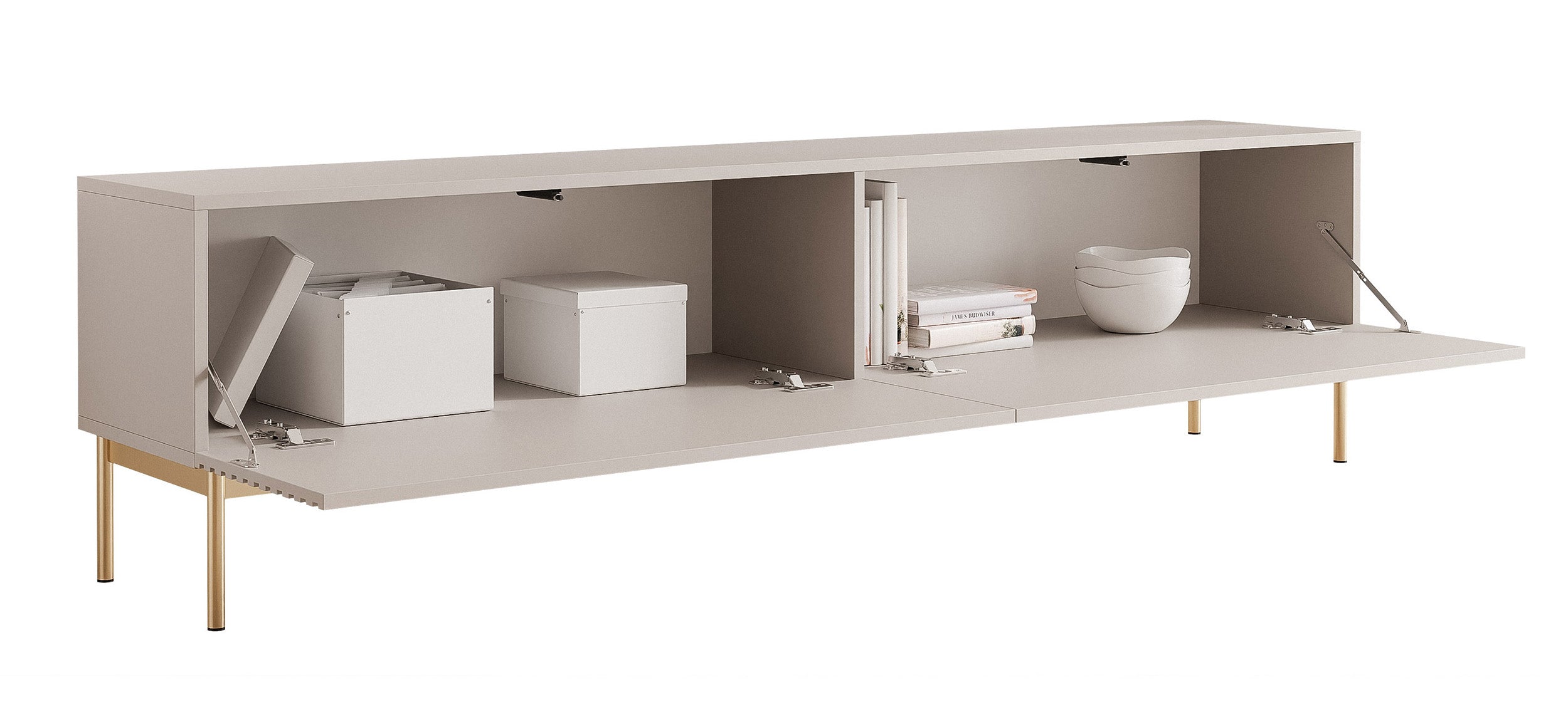 TV-Schrank Linearis mit zwei klappbaren Fächern und LED-Beleuchtung, 175 cm, Kaschmir auf goldenen Füßen