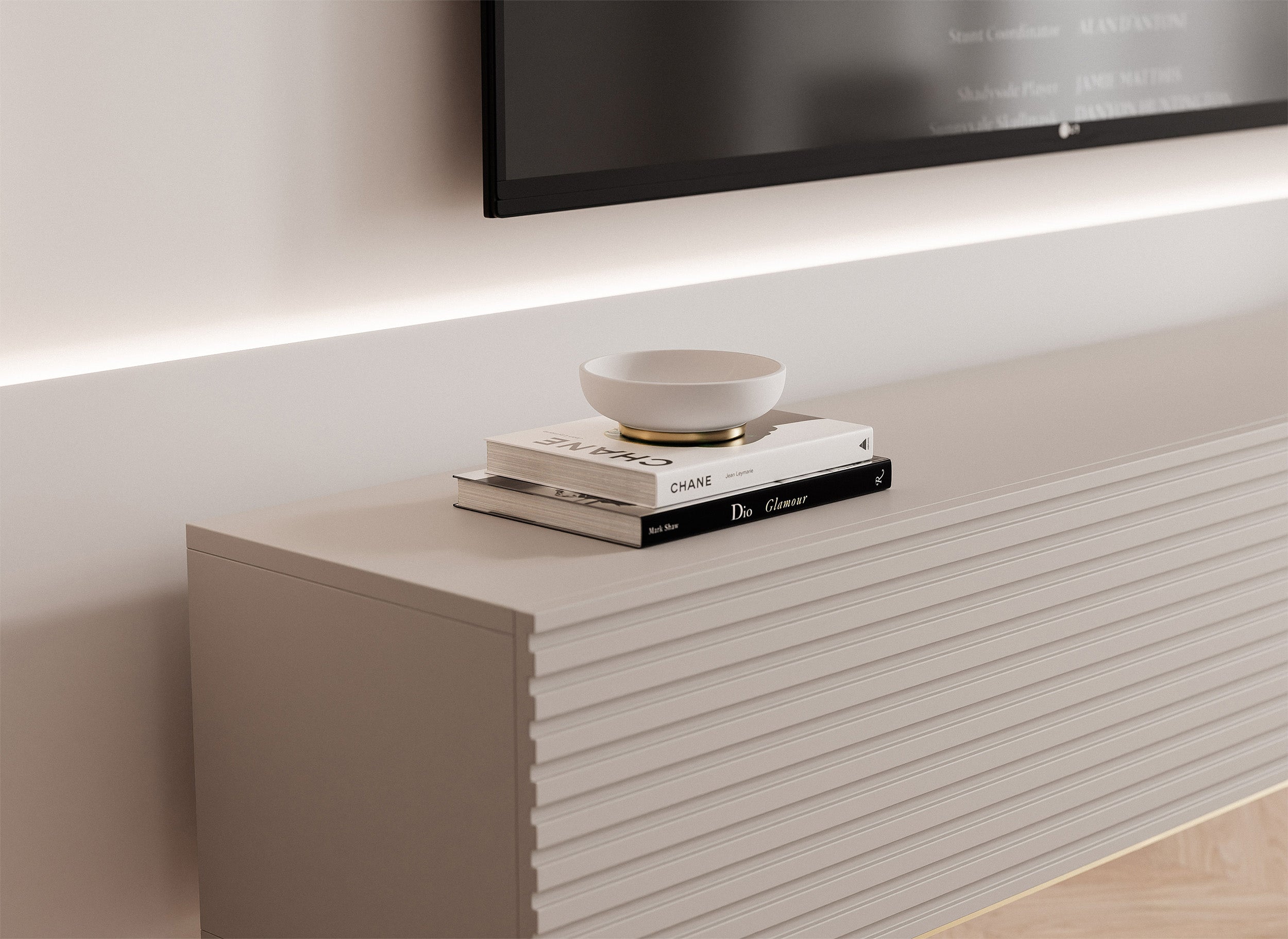 TV-Schrank Linearis mit zwei klappbaren Fächern und LED-Beleuchtung, 175 cm, Kaschmir auf goldenen Füßen