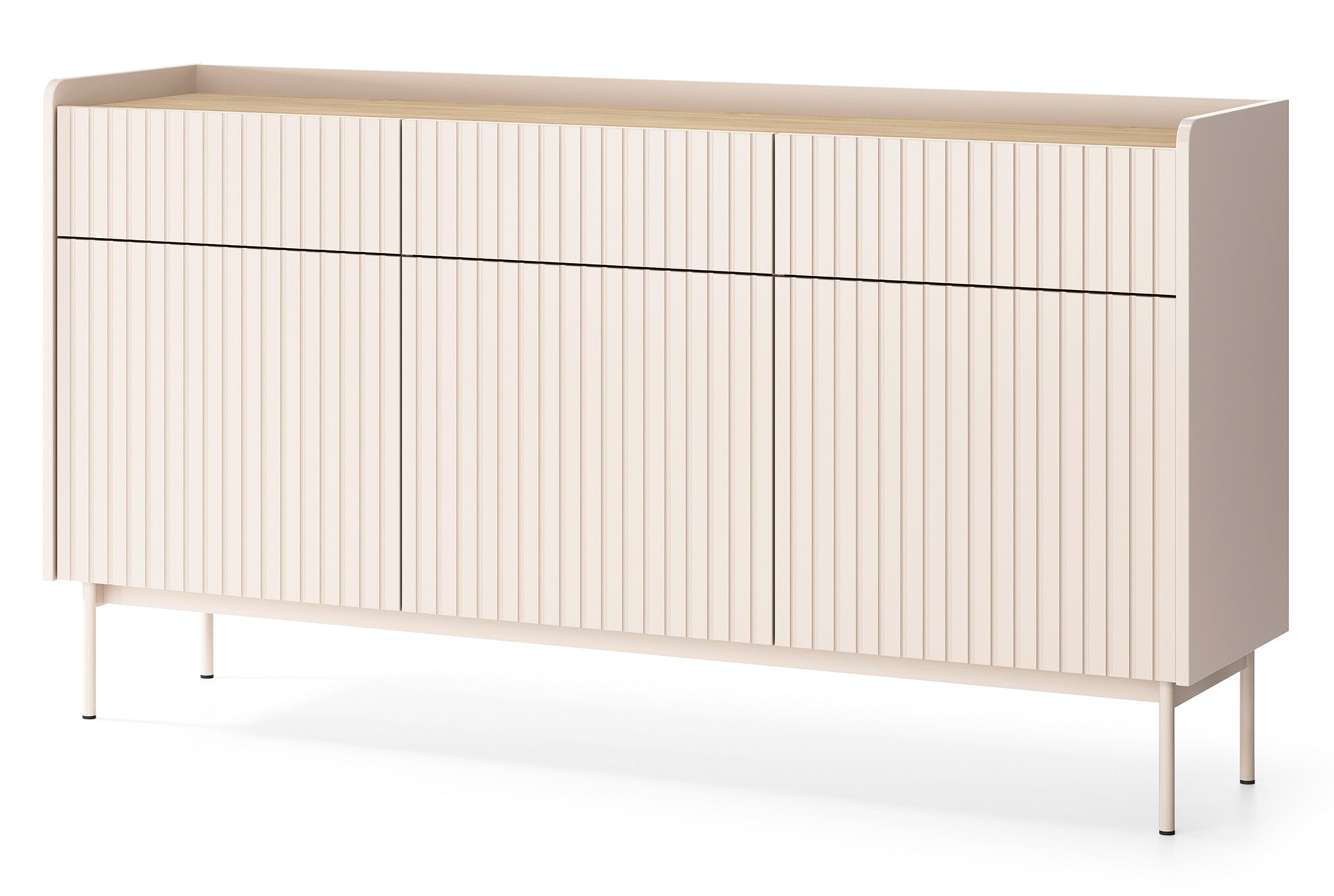 Drehtür-Kommode Liwelo mit drei Schubladen, 153 cm, grau-beige