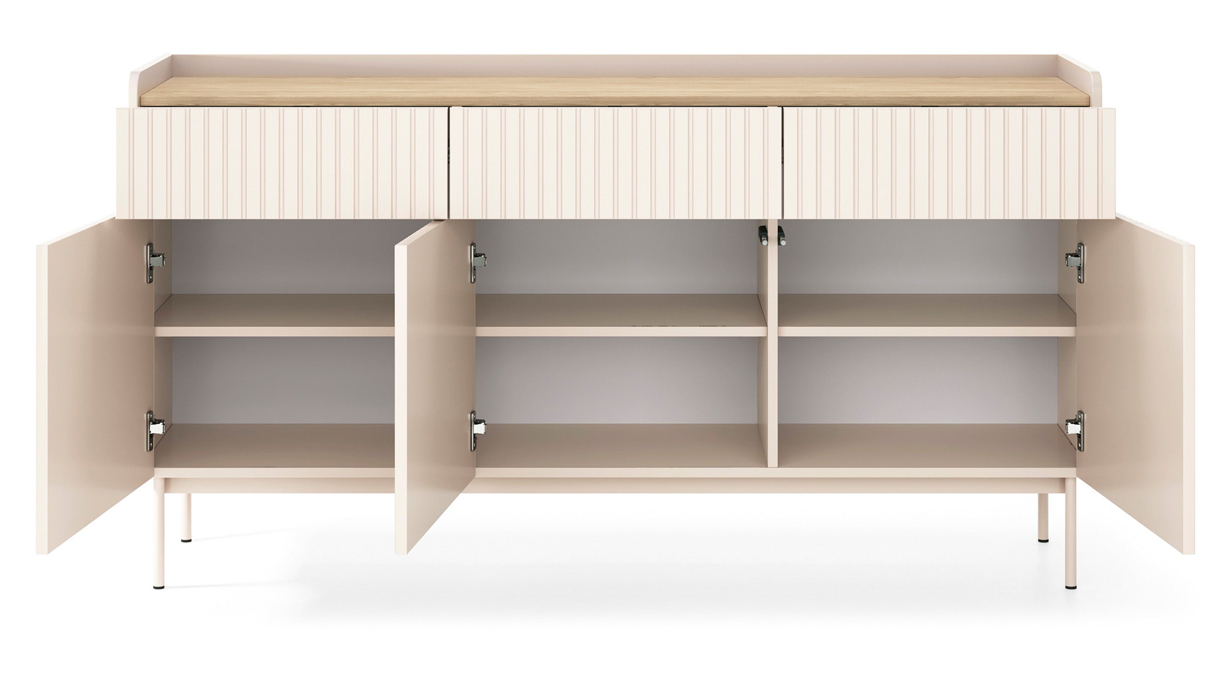 Drehtür-Kommode Liwelo mit drei Schubladen, 153 cm, grau-beige