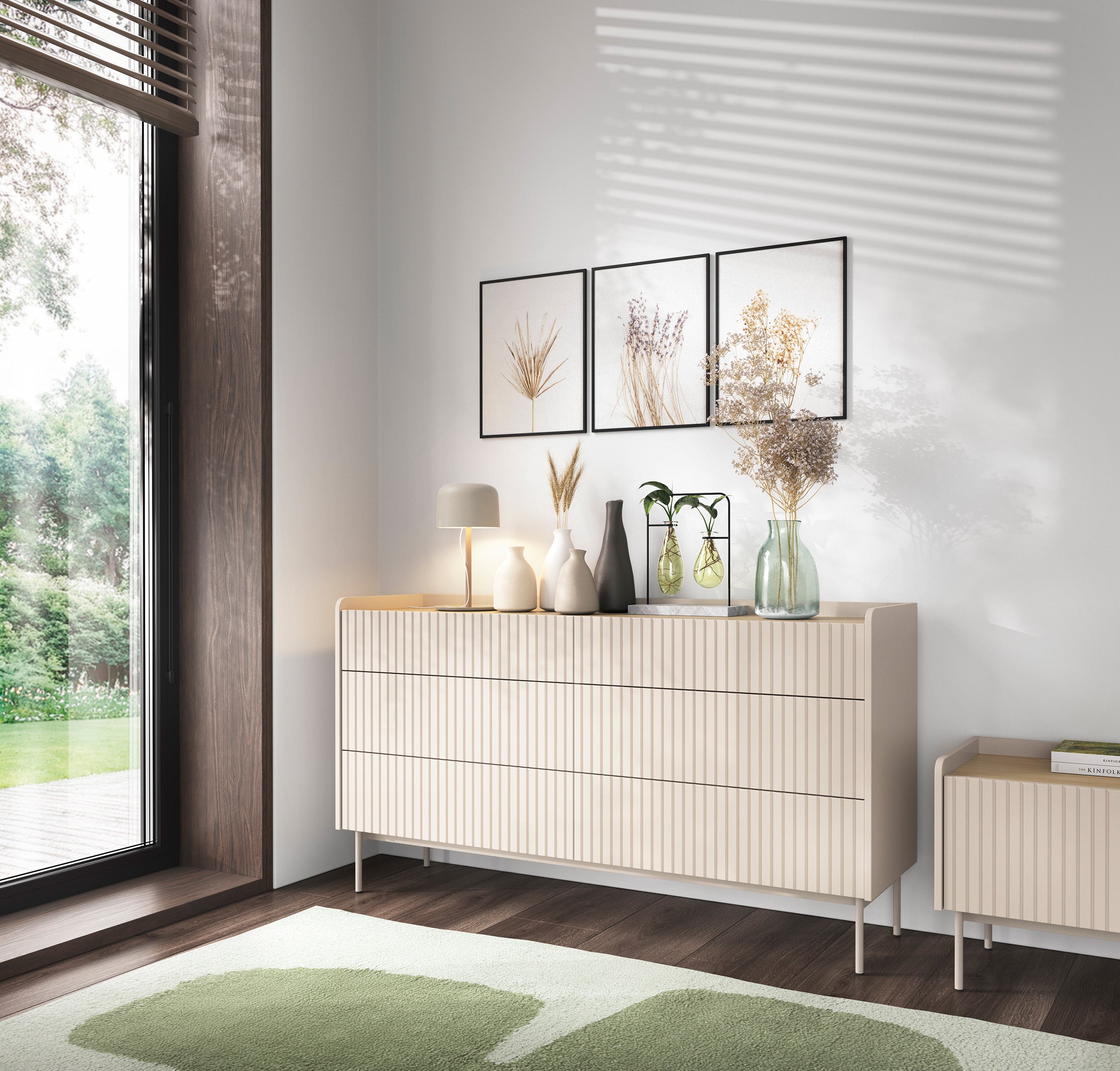 Kommode Liwelo mit sechs Schubladen, 153 cm, grau-beige