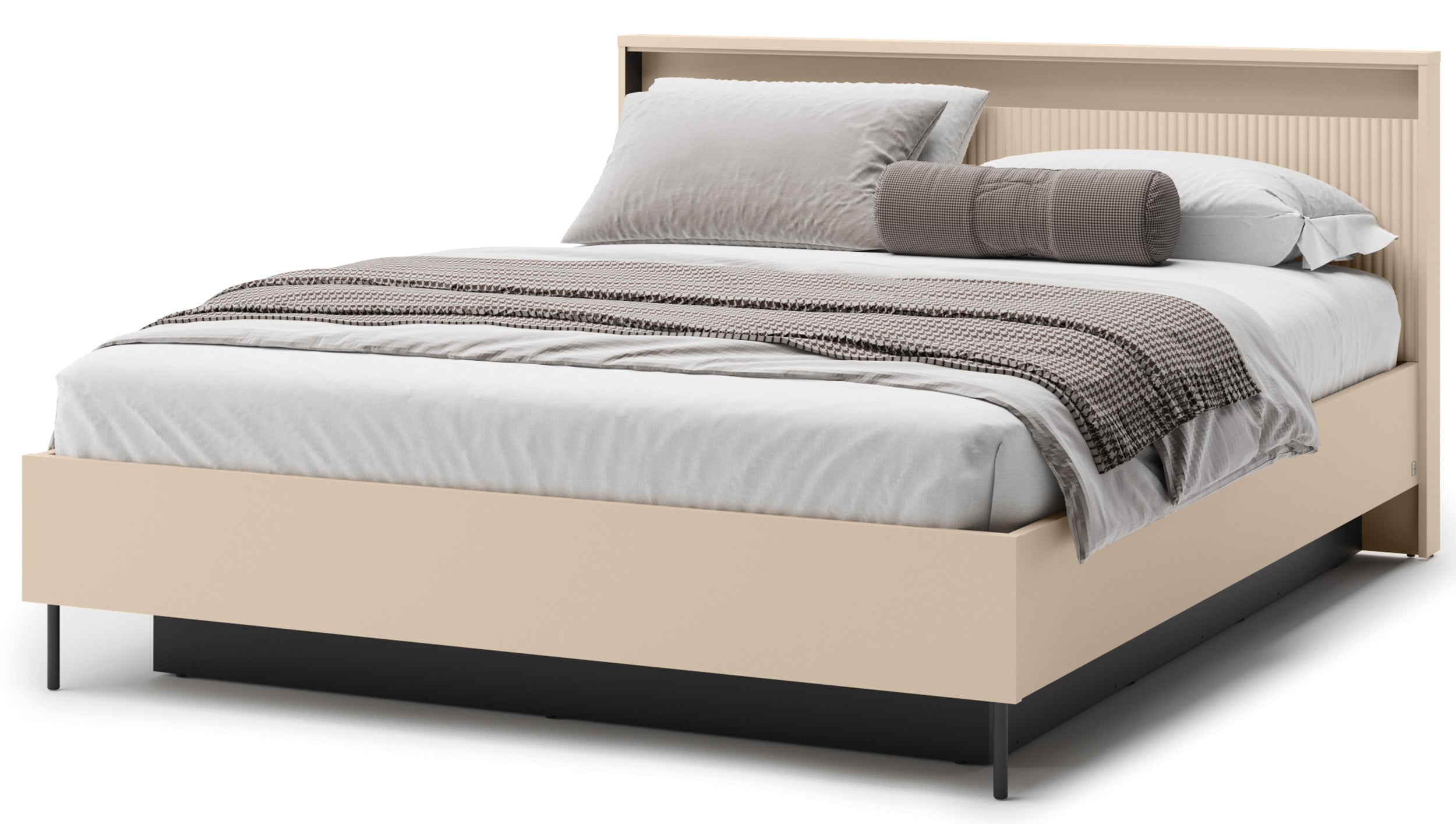 Trend Bett 160x200 cm geriffelt mit Stauraum und Beleuchtung sandbeige / schwarz