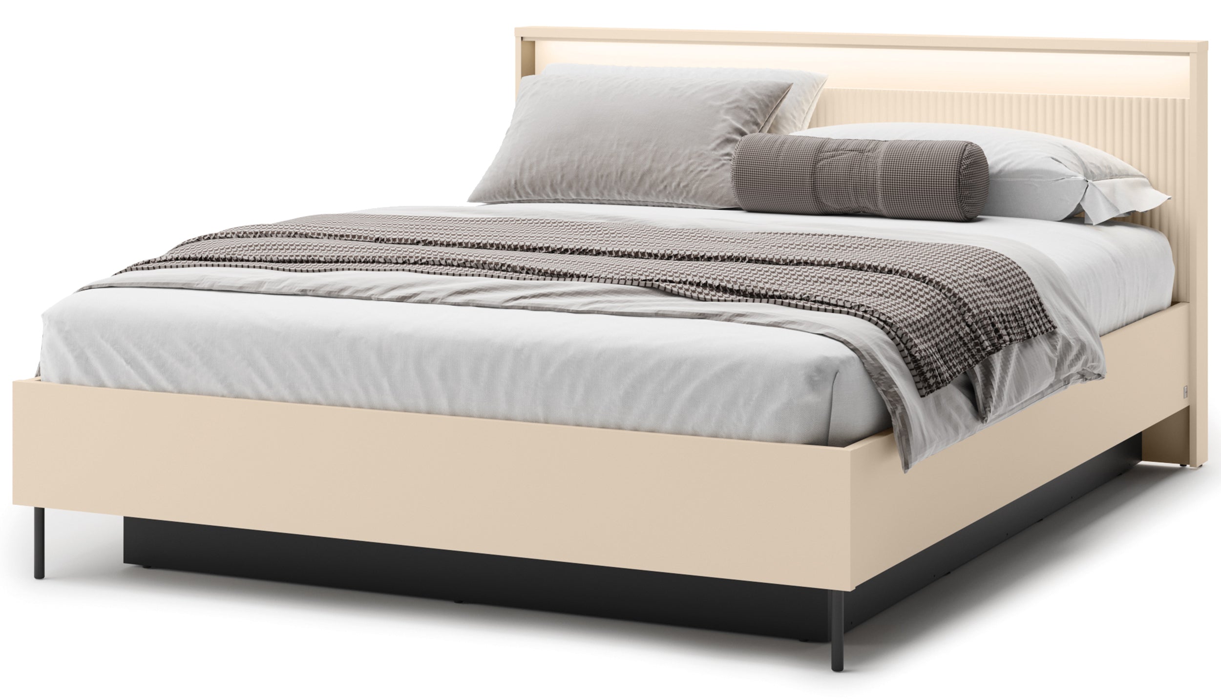 Trend Bett 160x200 cm geriffelt mit Stauraum und Beleuchtung sandbeige / schwarz