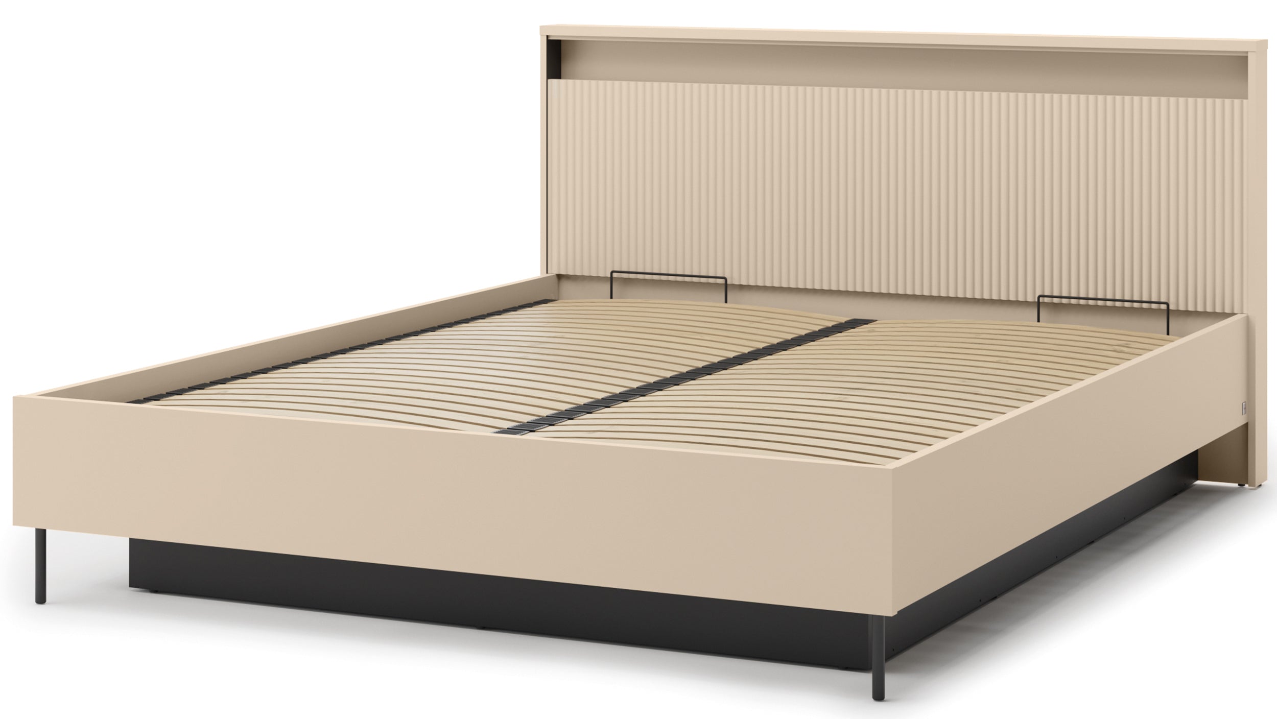 Trend Bett 160x200 cm geriffelt mit Stauraum und Beleuchtung sandbeige / schwarz
