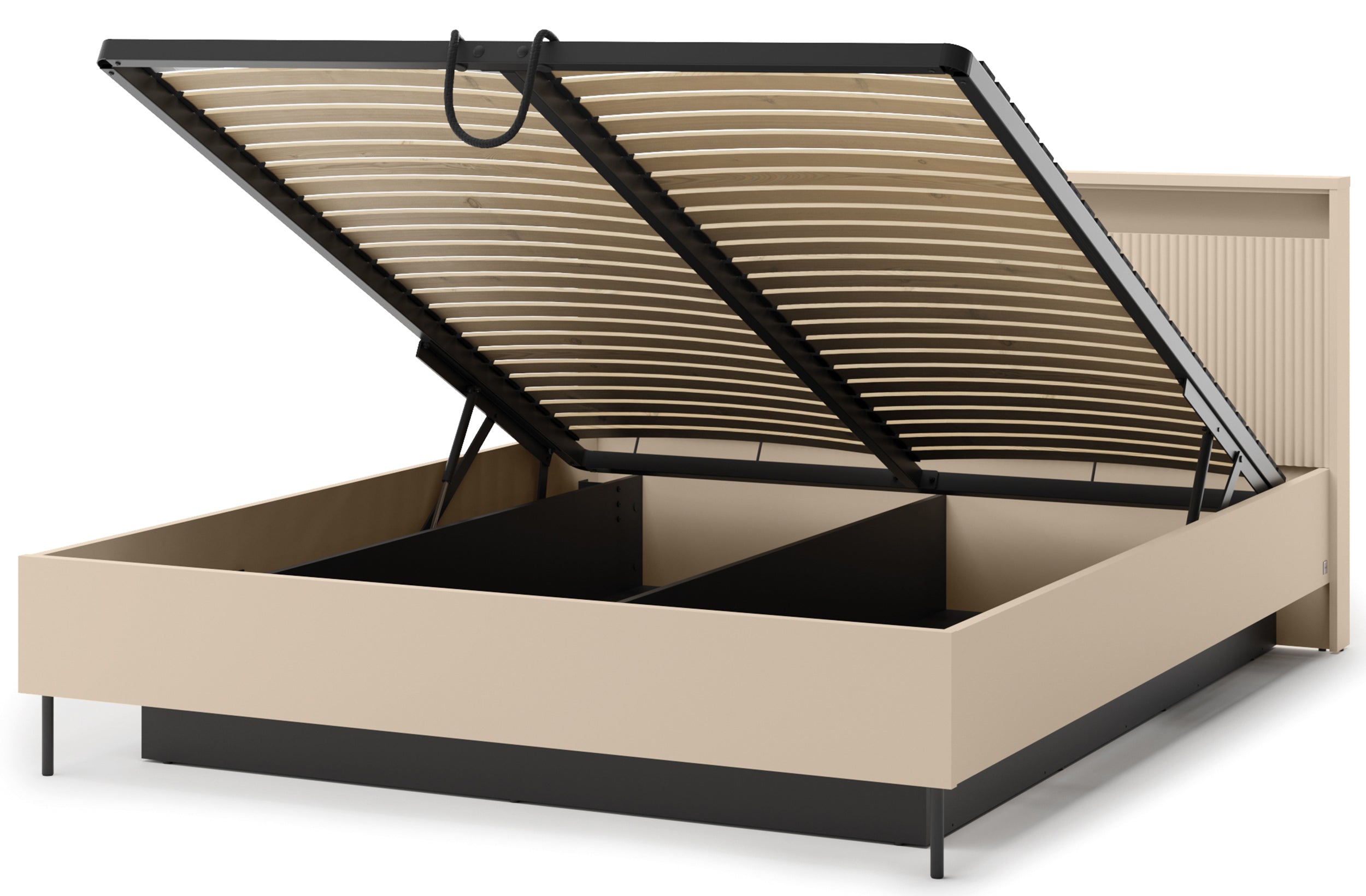 Trend Bett 160x200 cm geriffelt mit Stauraum und Beleuchtung sandbeige / schwarz