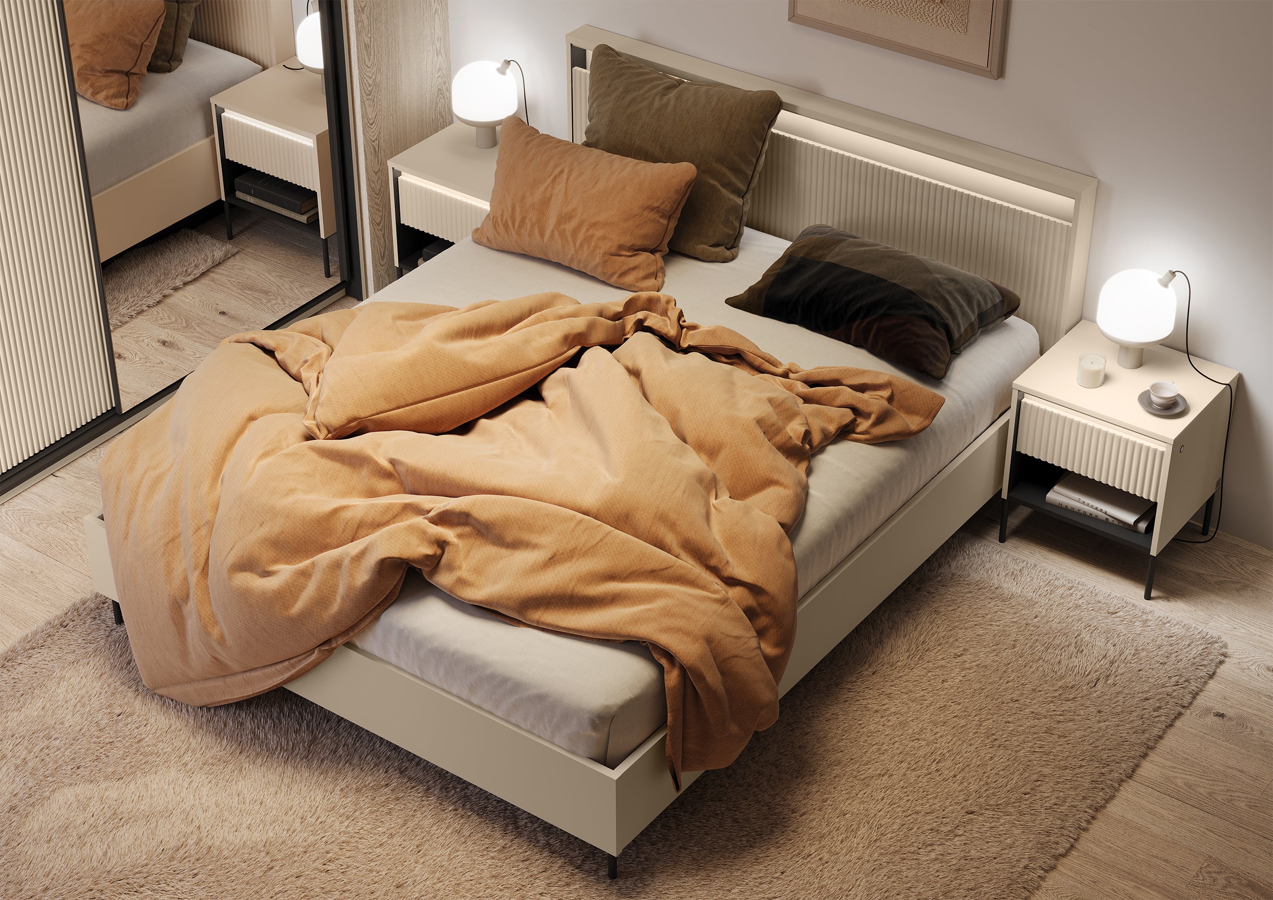 Trend Bett 160x200 cm geriffelt mit Stauraum und Beleuchtung sandbeige / schwarz
