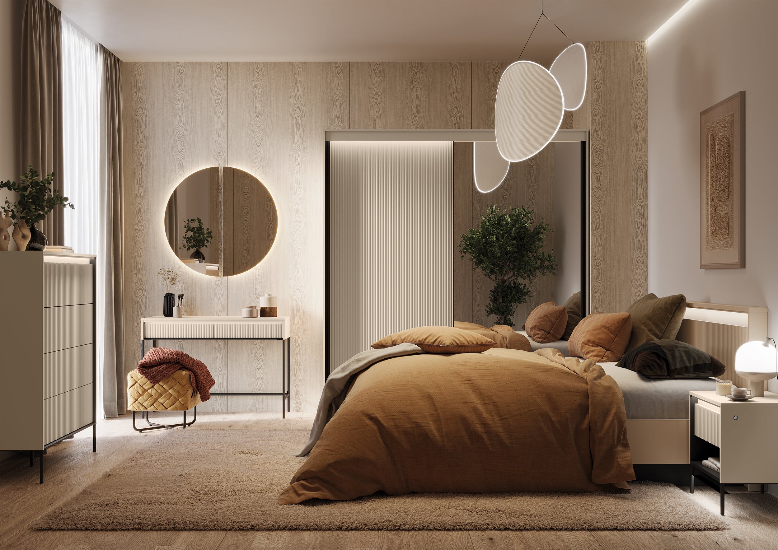 Trend Bett 160x200 cm geriffelt mit Stauraum und Beleuchtung sandbeige / schwarz