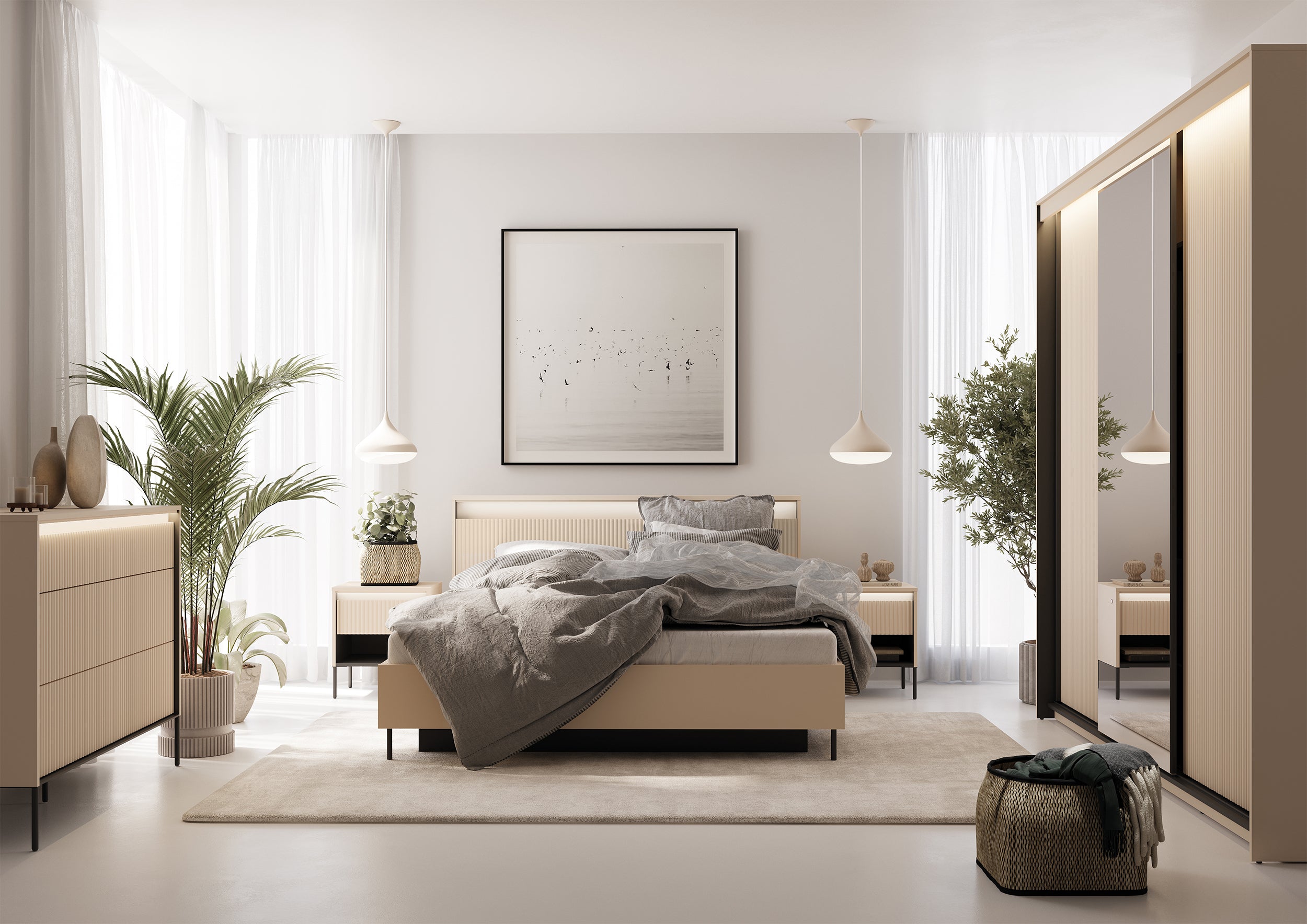 Trend Bett 160x200 cm geriffelt mit Stauraum und Beleuchtung sandbeige / schwarz