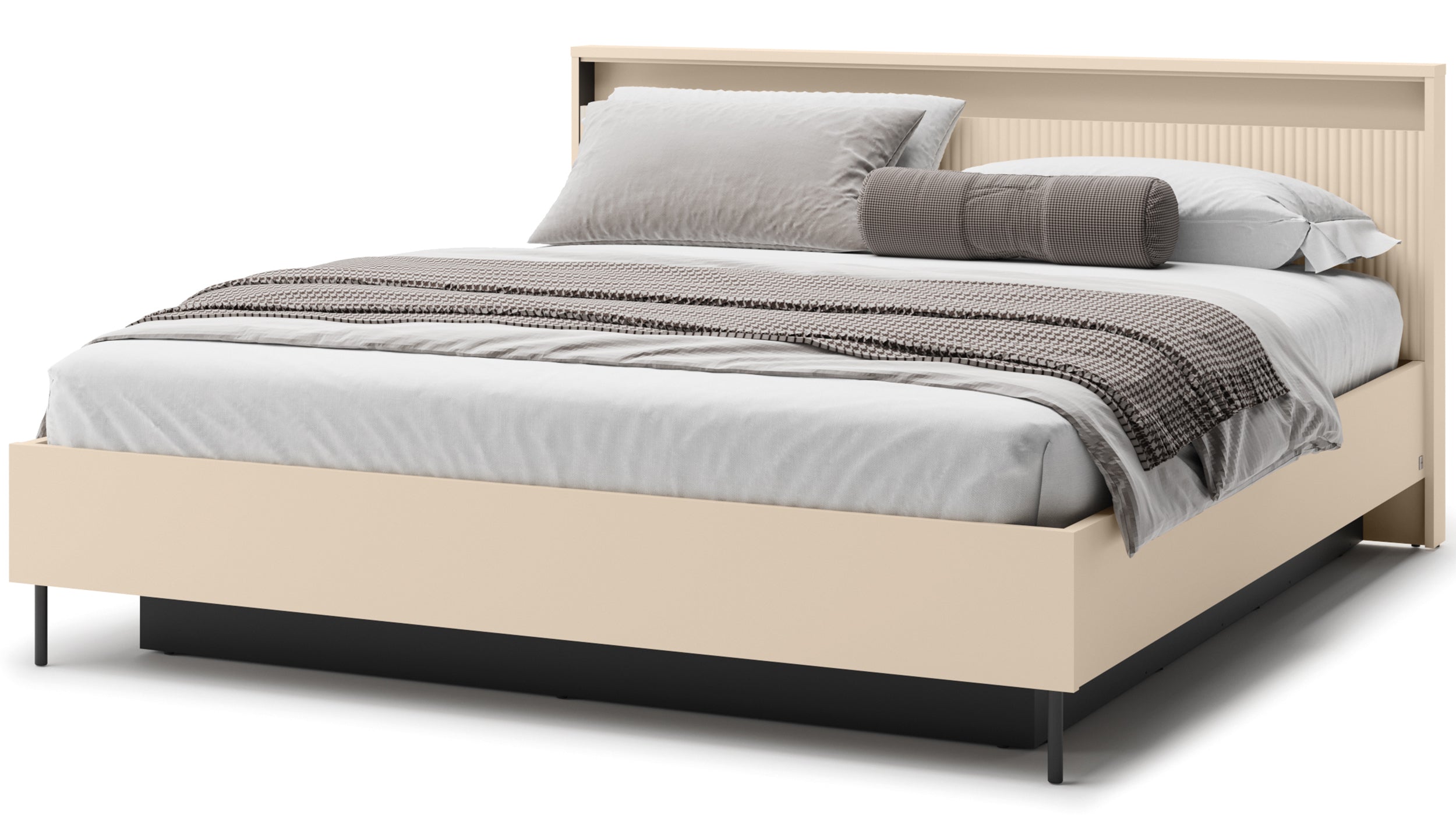 Trend-Bett 180x200 cm, gerillt, mit Stauraum und Beleuchtung, sandbeige / schwarz
